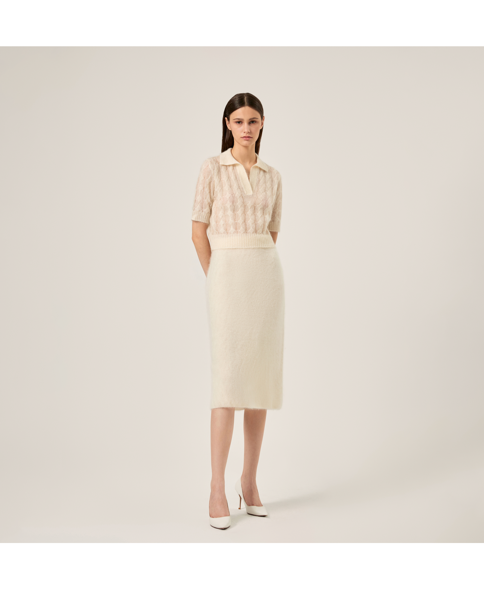 SHEER MOHAIR SHORT SLEEVE POLO SHIRT in White made by CRUSH Collection