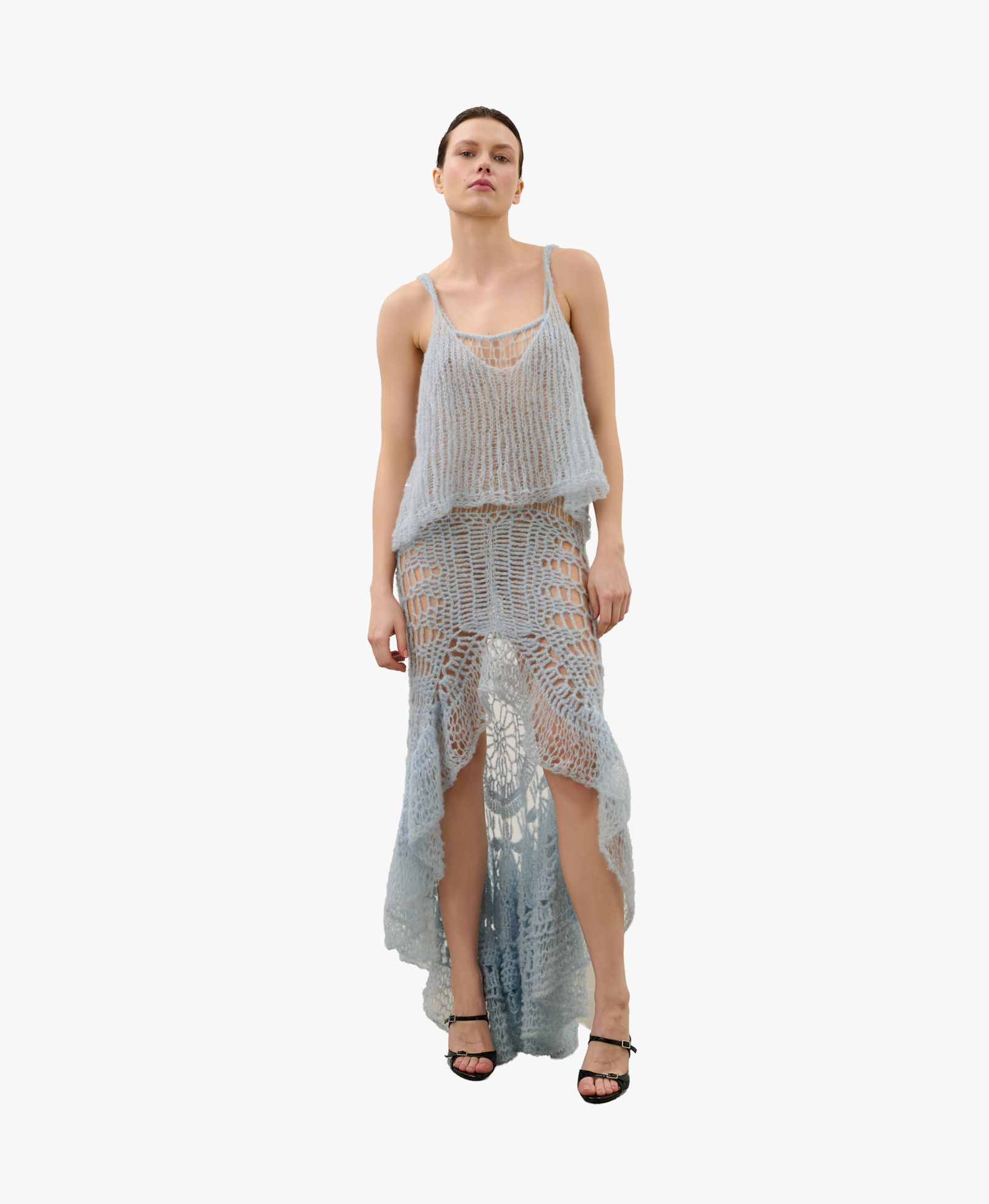 Handmade crochet dress in a shade of blue made by Karen Arcanjo