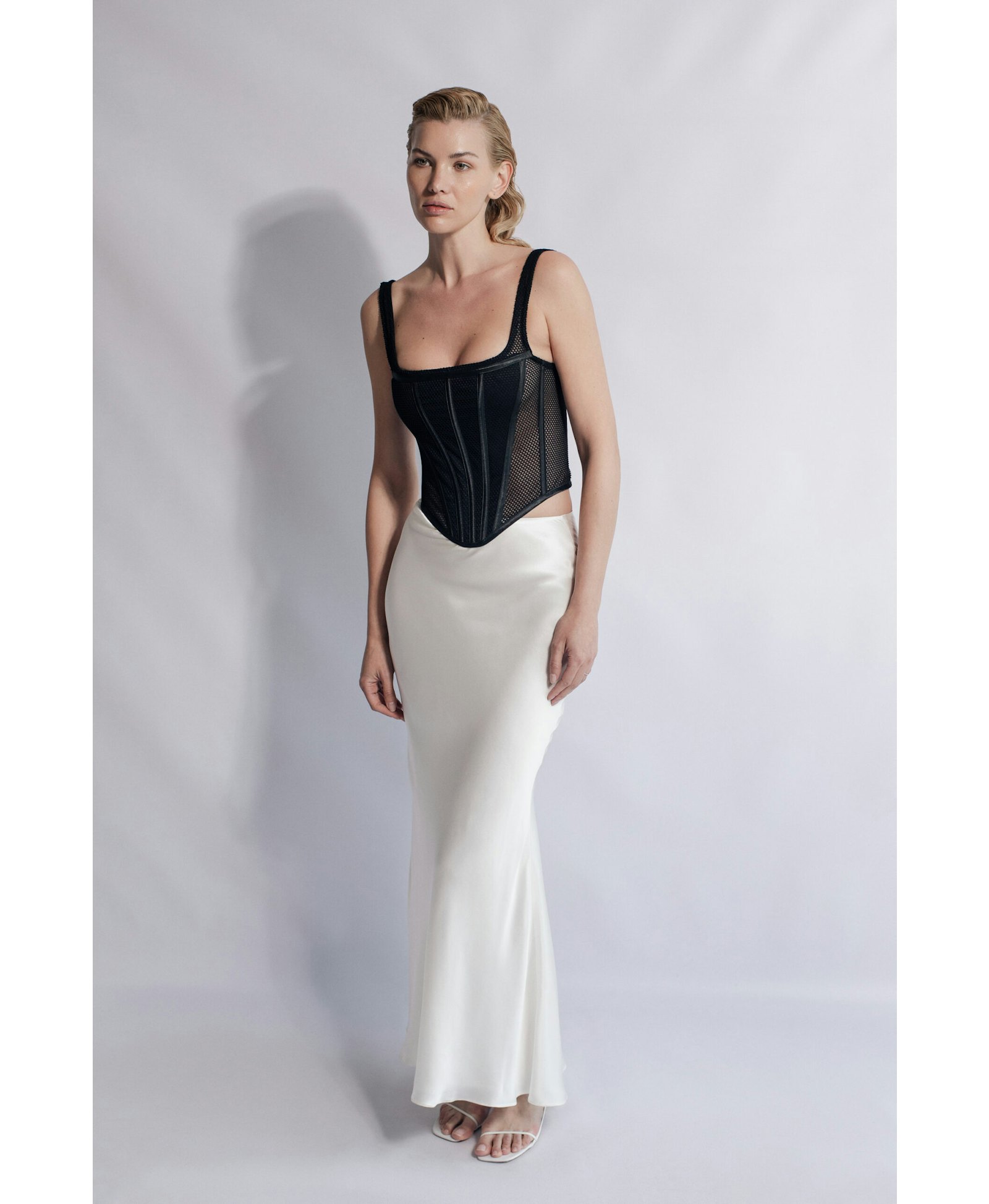High-Rise Satin Silk Slip Skirt in White made by Aureliana