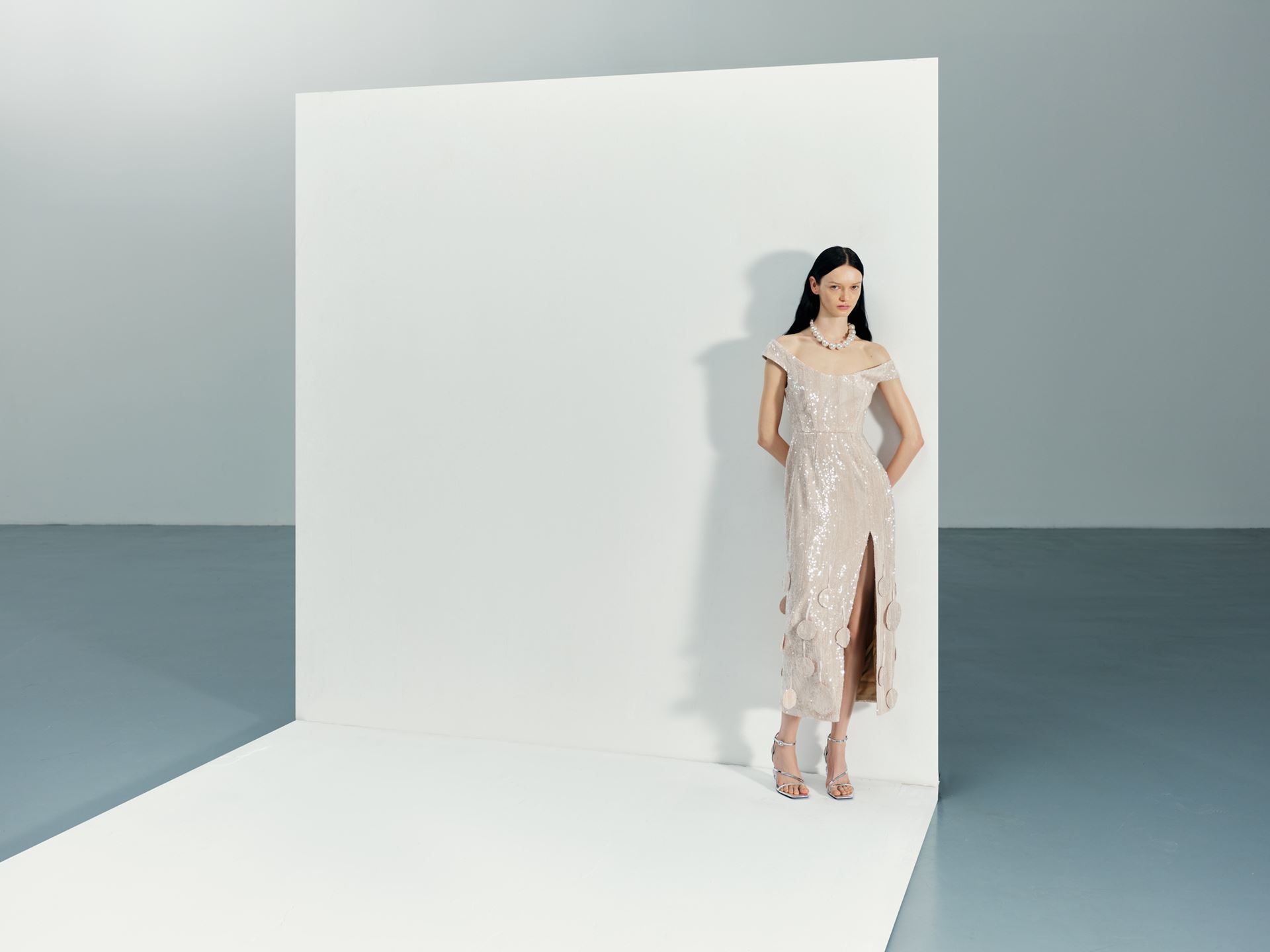 Shop Malva Florea Sequin Corset Maxi Dress In Beige