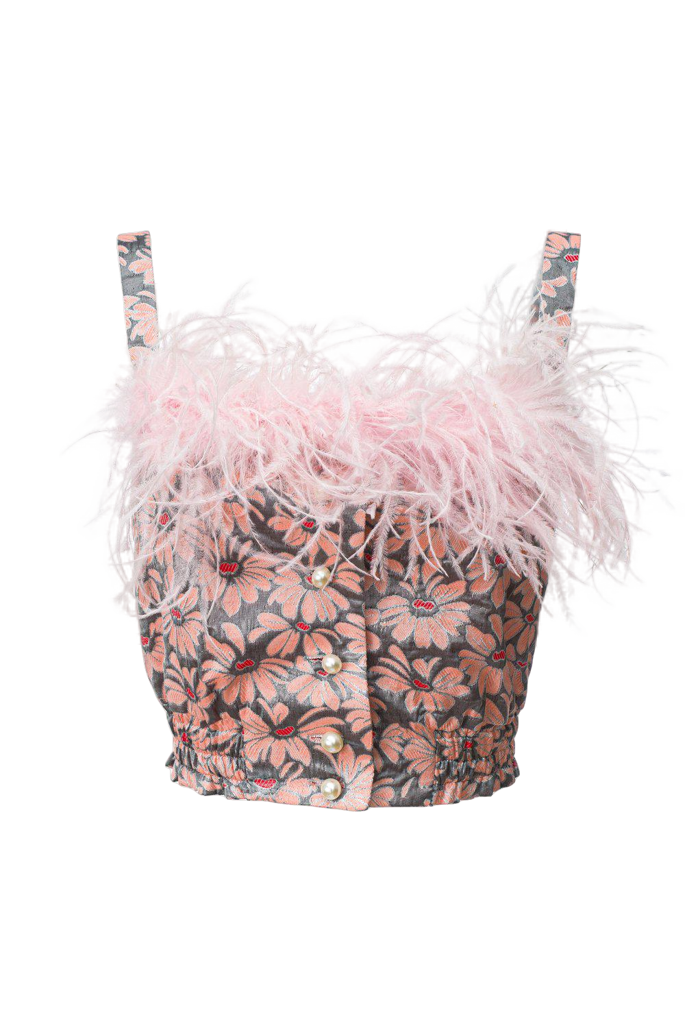 Andreeva Grey Flower Top With Pink Feather Details And Pearl Buttons