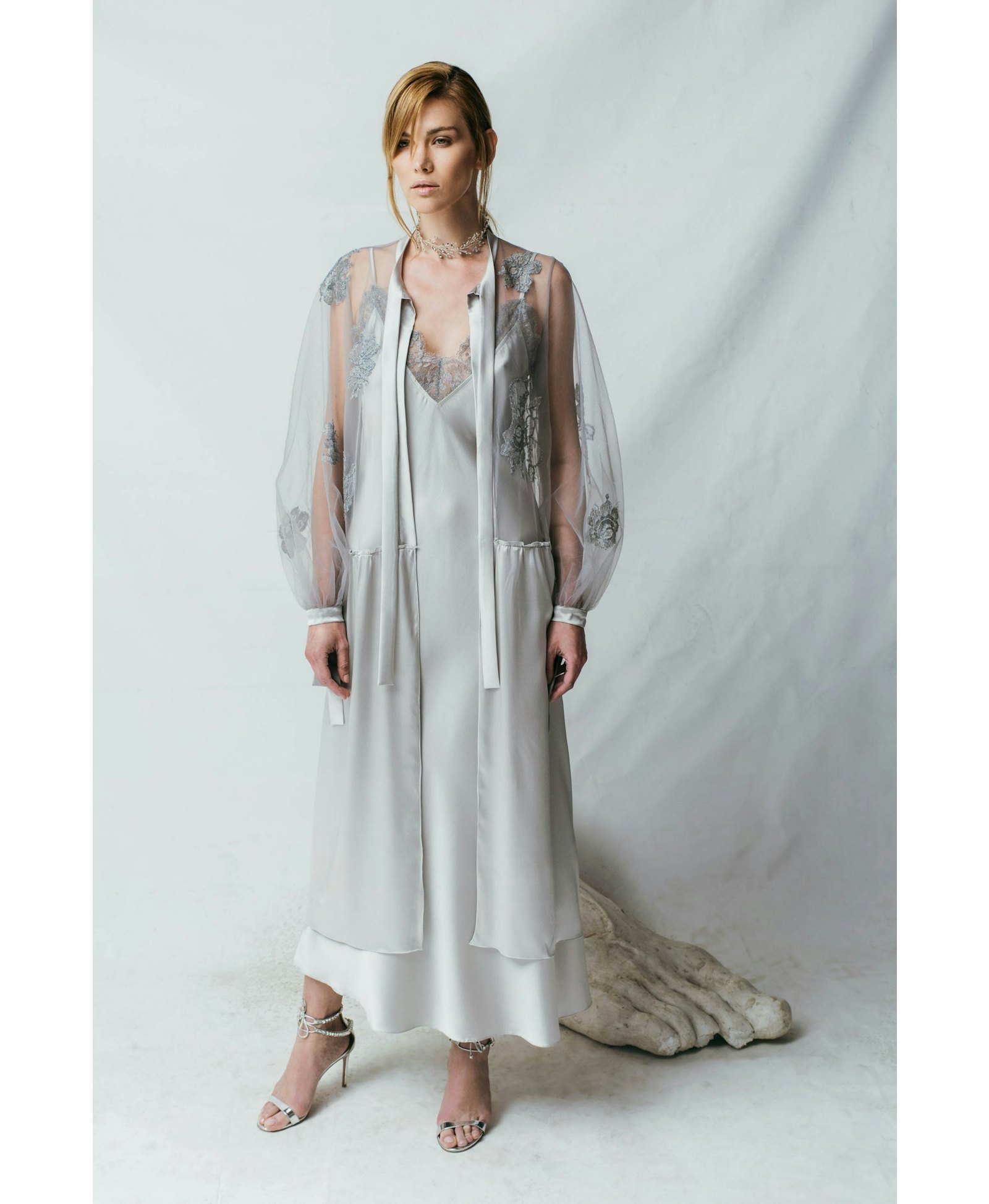 Silver Chantilly Lace Silk-satin Slip-dress made by Aureliana