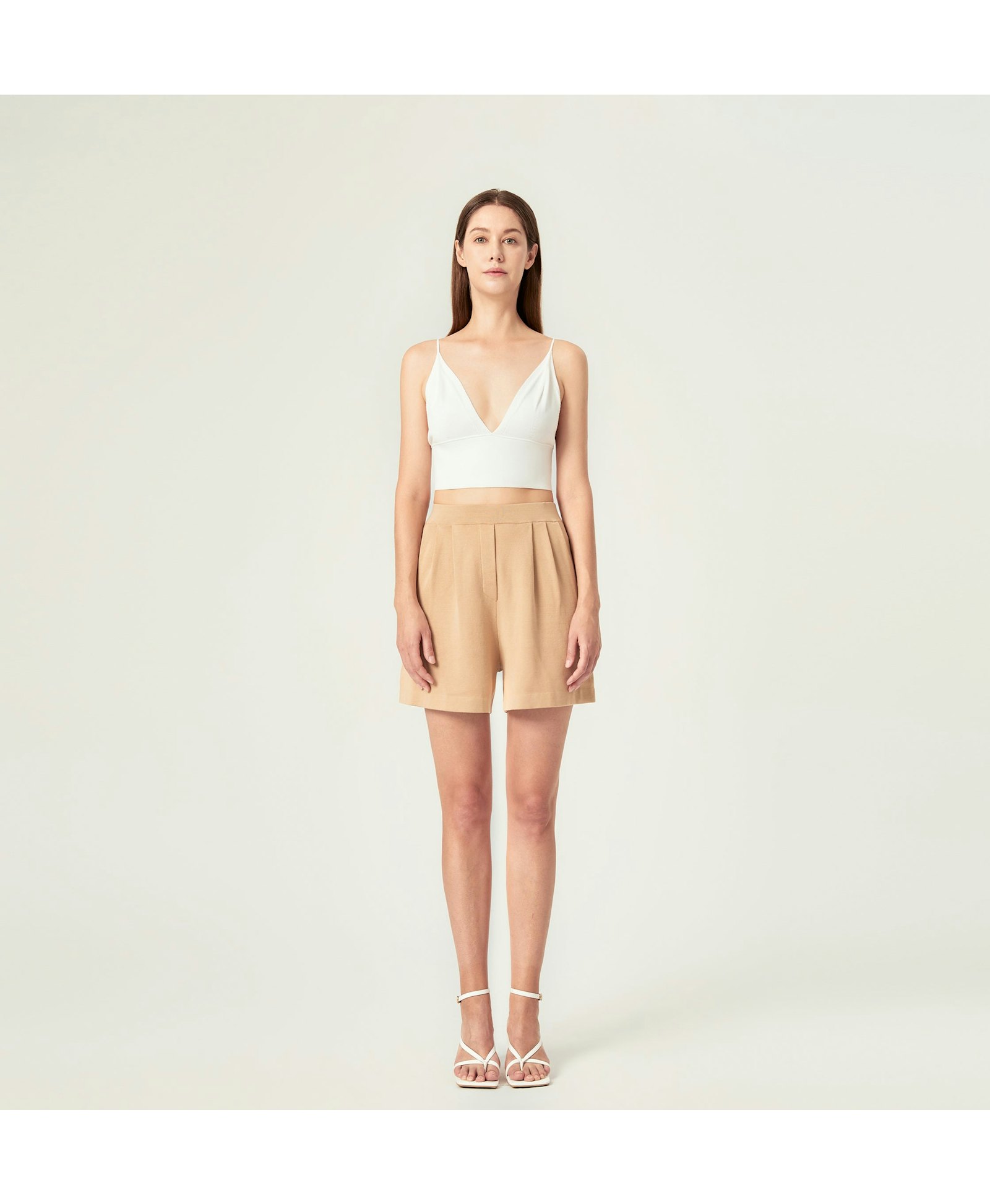 PLEATED WIDE-LEG SHORTS in Beige made by CRUSH Collection