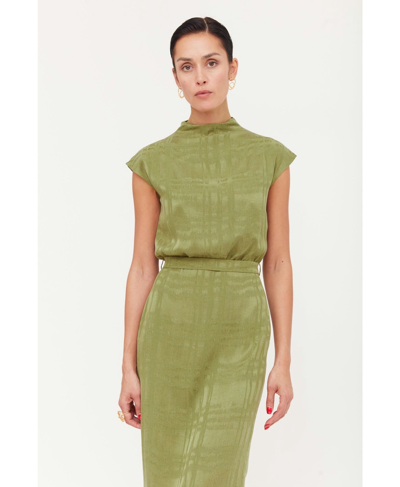 TESSA Olive Green Cupro Fabric Kimono Sleeves Midi Dress made by UNDRESS