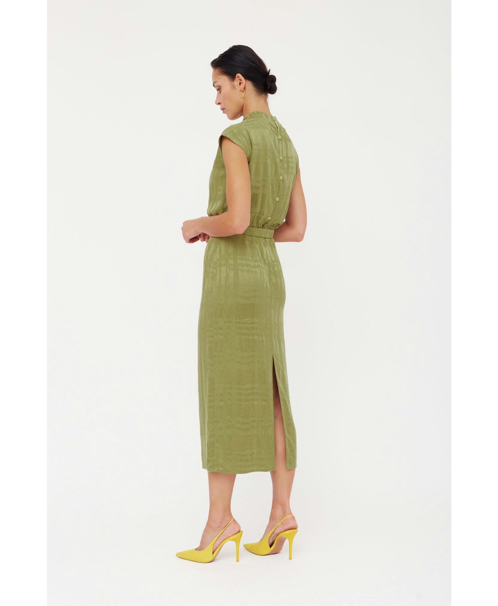 TESSA Olive Green Cupro Fabric Kimono Sleeves Midi Dress made by UNDRESS