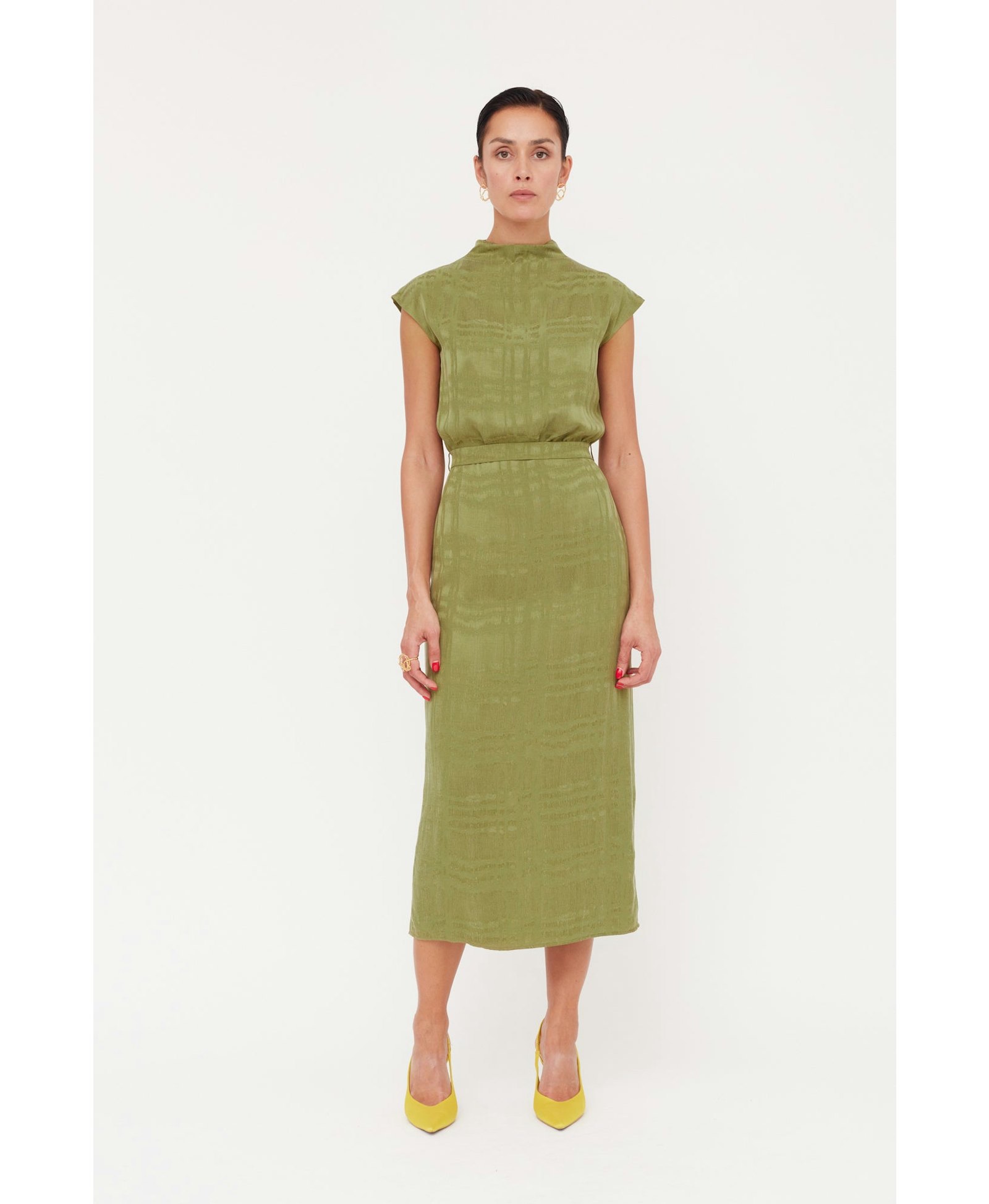 TESSA Olive Green Cupro Fabric Kimono Sleeves Midi Dress made by UNDRESS