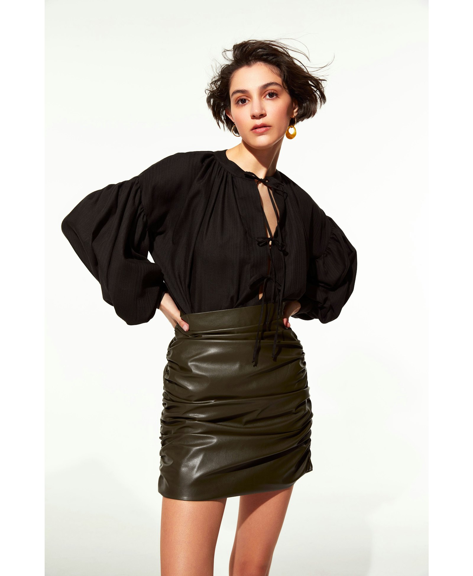 Chels Ruched Skirt in Burnt Green made by Nazli Ceren