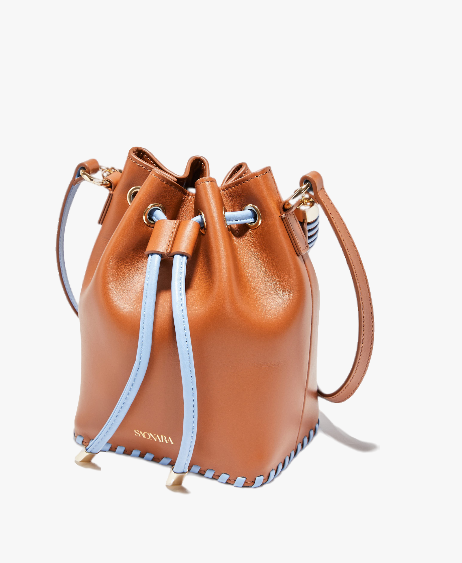SAONARA MINI BUCKET CARAMEL / BLUE SKY LEATHER made by Saonara