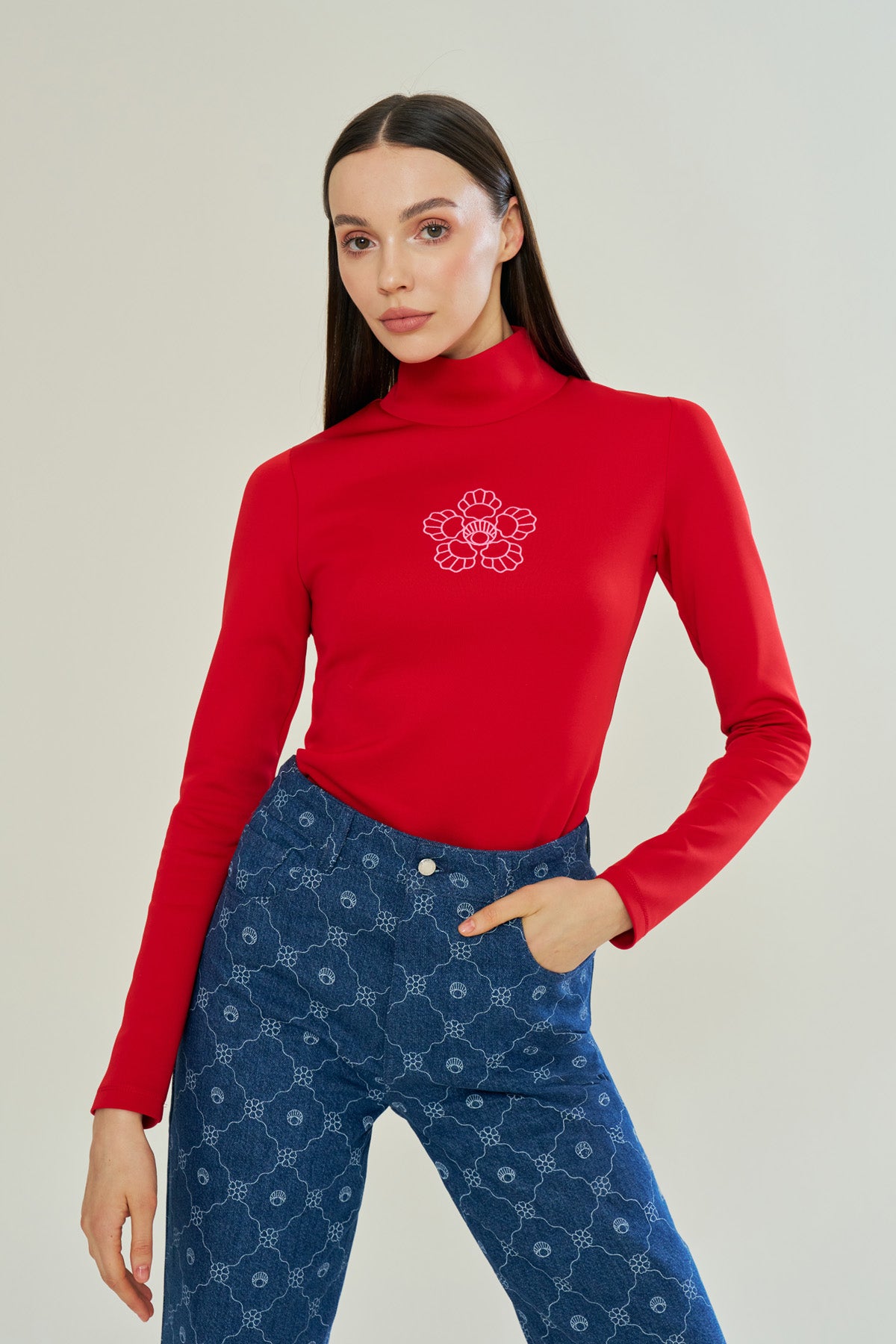 Shop Declara Red Blooming Crest Turtleneck