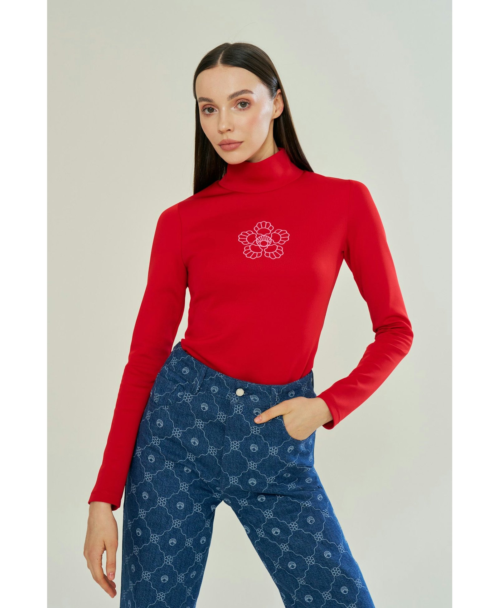 Red Blooming Crest Turtleneck made by Declara