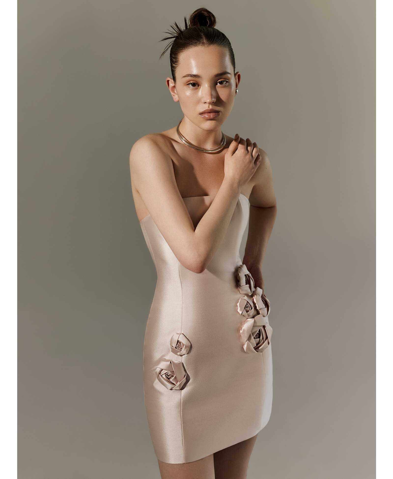 APPLIQUED STRAPLESS SILK AND WOOL-BLEND MINI DRESS in Pink made by NDS The Label