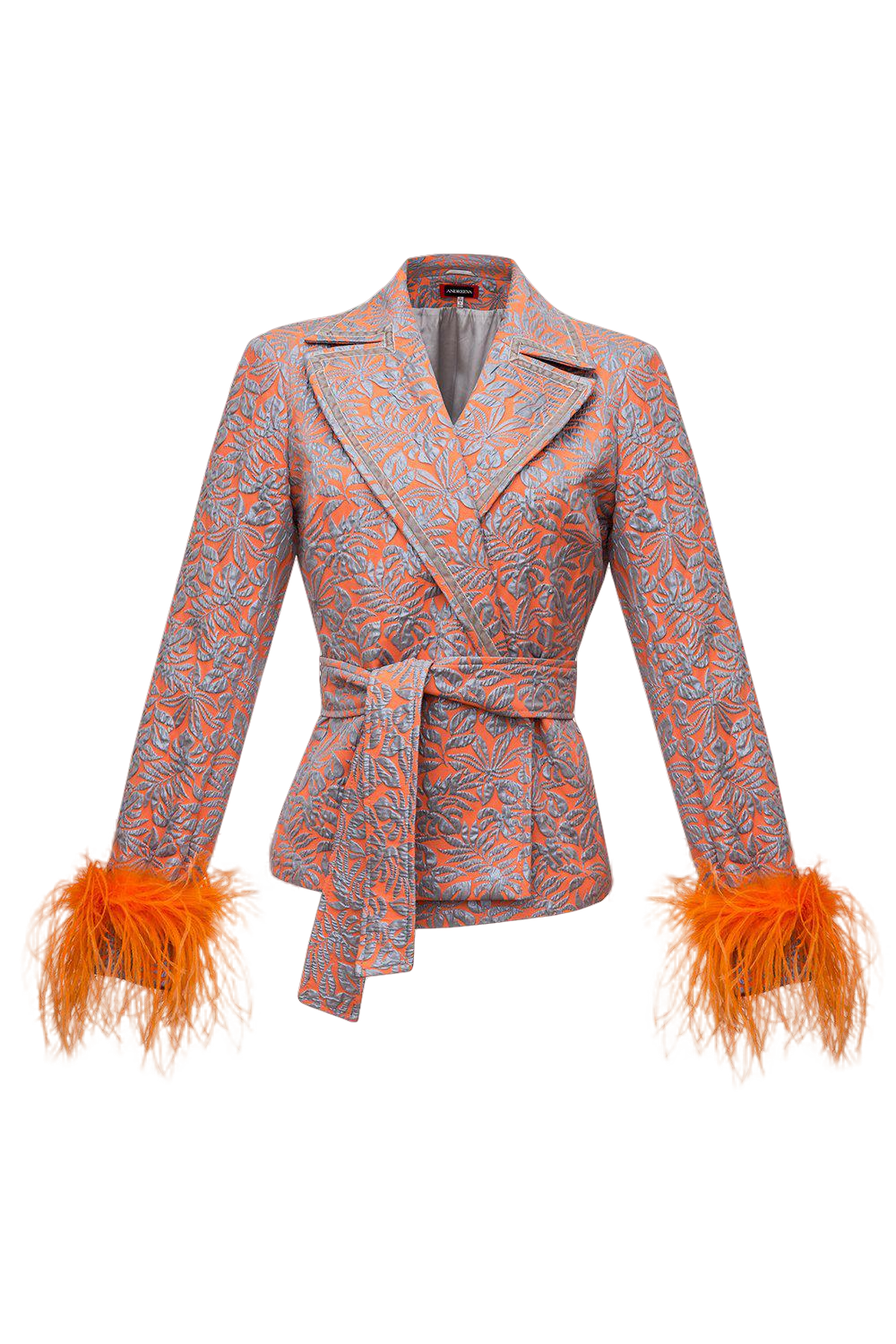 ANDREEVA ORANGE JACQUARD JACKET №22 WITH DETACHABLE FEATHER CUFFS