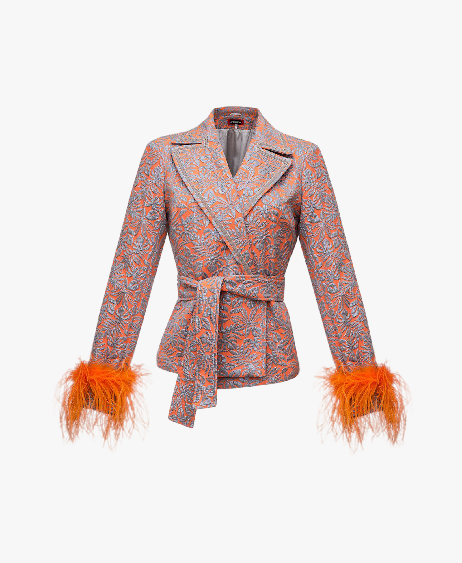 Orange Jacquard Jacket №22 with detachable feather cuffs made by ANDREEVA