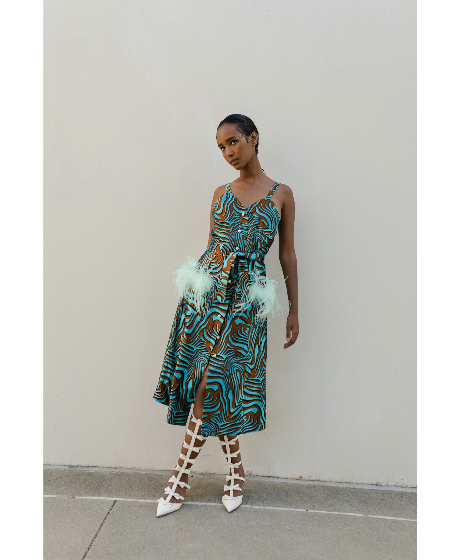 Mint Printed Dress With Feather Details And Pearl Buttons made by ANDREEVA