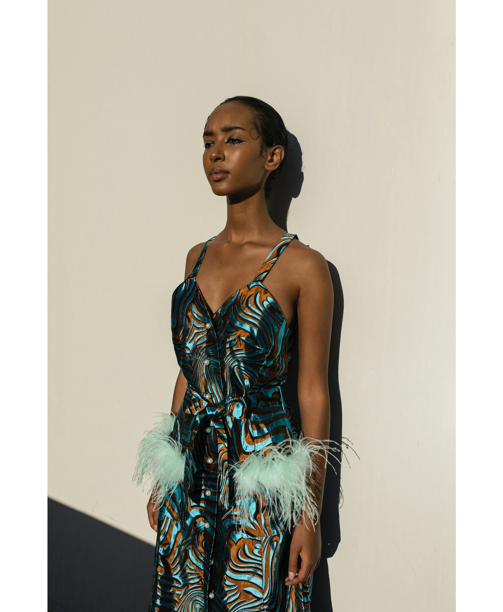 Mint Printed Dress With Feather Details And Pearl Buttons made by ANDREEVA
