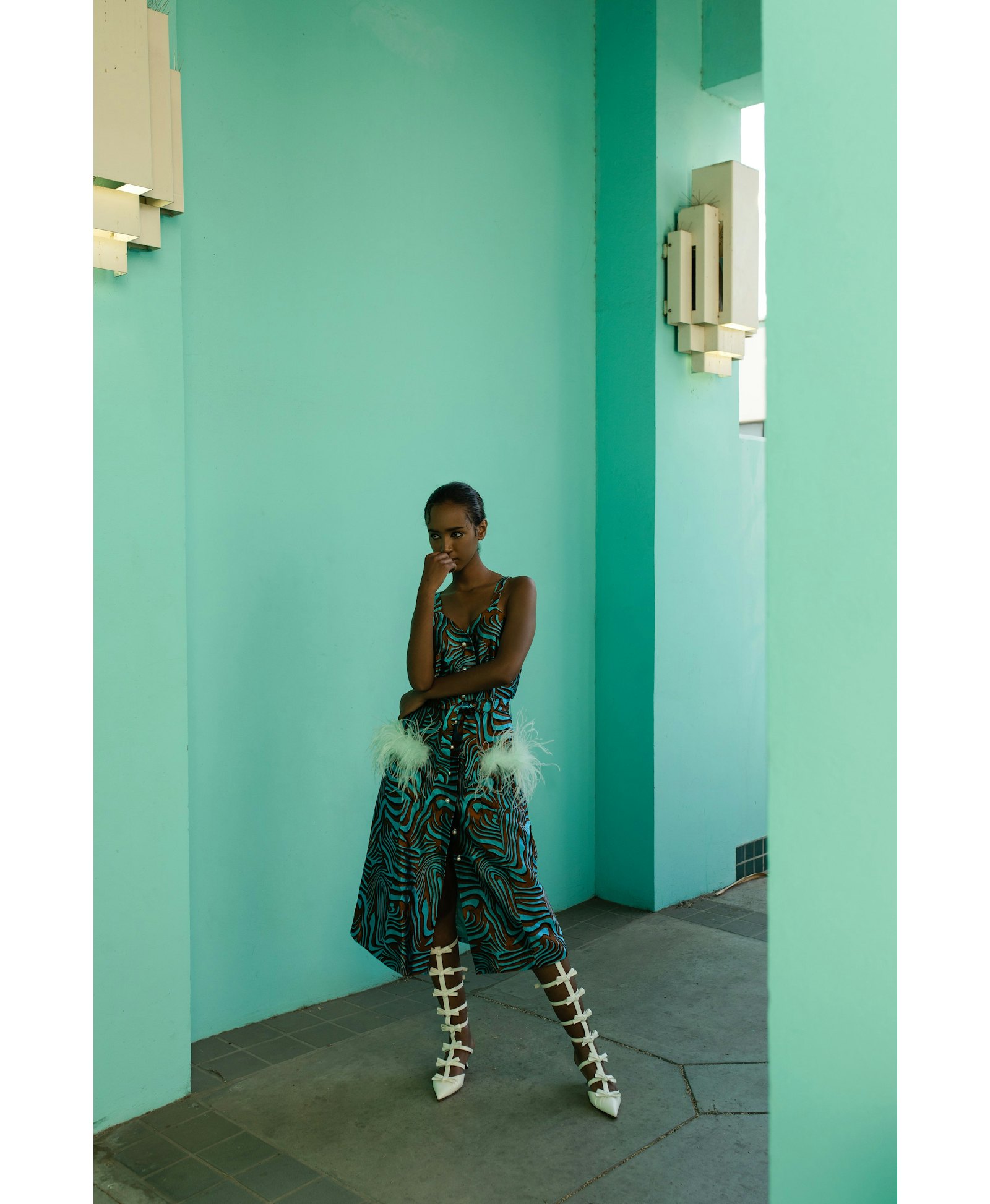 Mint Printed Dress With Feather Details And Pearl Buttons made by ANDREEVA