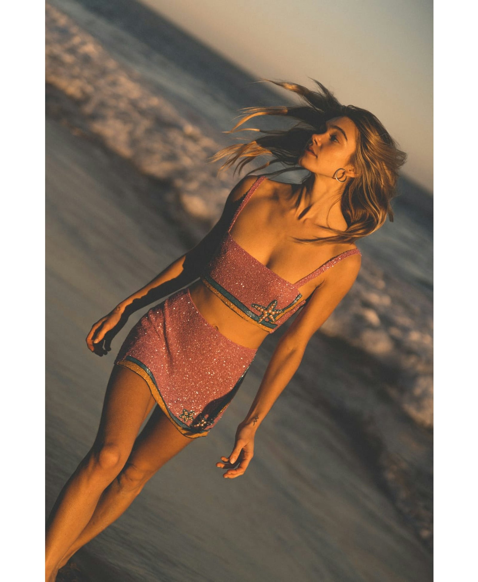 Monni Co-ord Hand Embroidered Crystal Purple Top in Purple made by Oceanus Swimwear