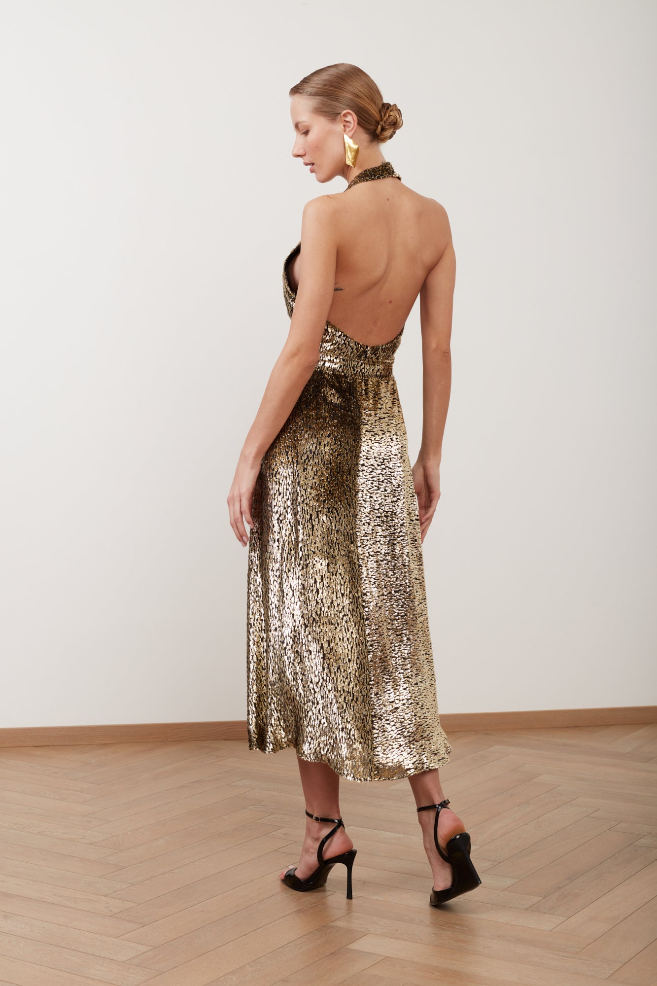 Shop Undress Farah Black Golden Velvet Silk Midi Dress With Open Back