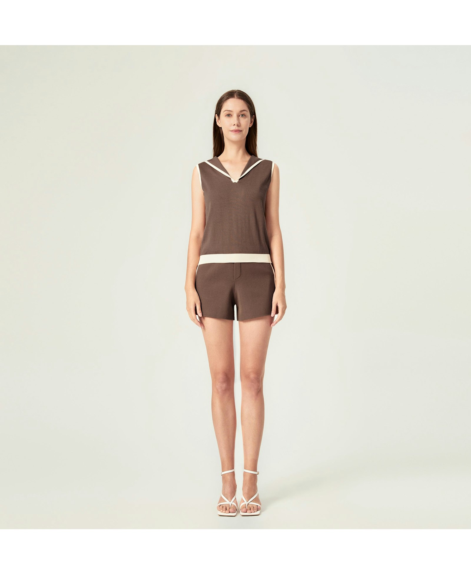 COLORBLOCKED LAPEL KNITTED VEST in Brown made by CRUSH Collection
