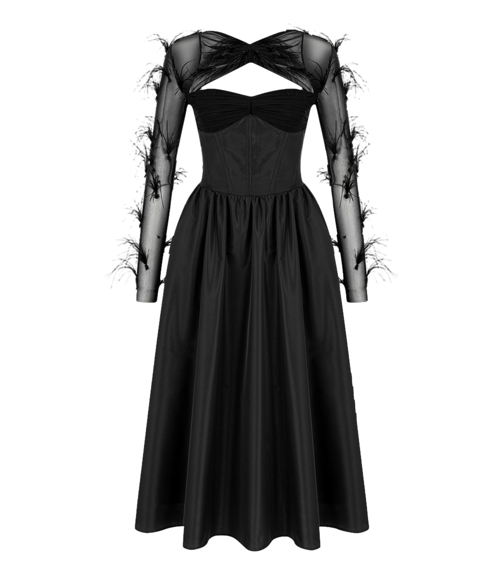 Sudietuz Black Tafta Midi Dress