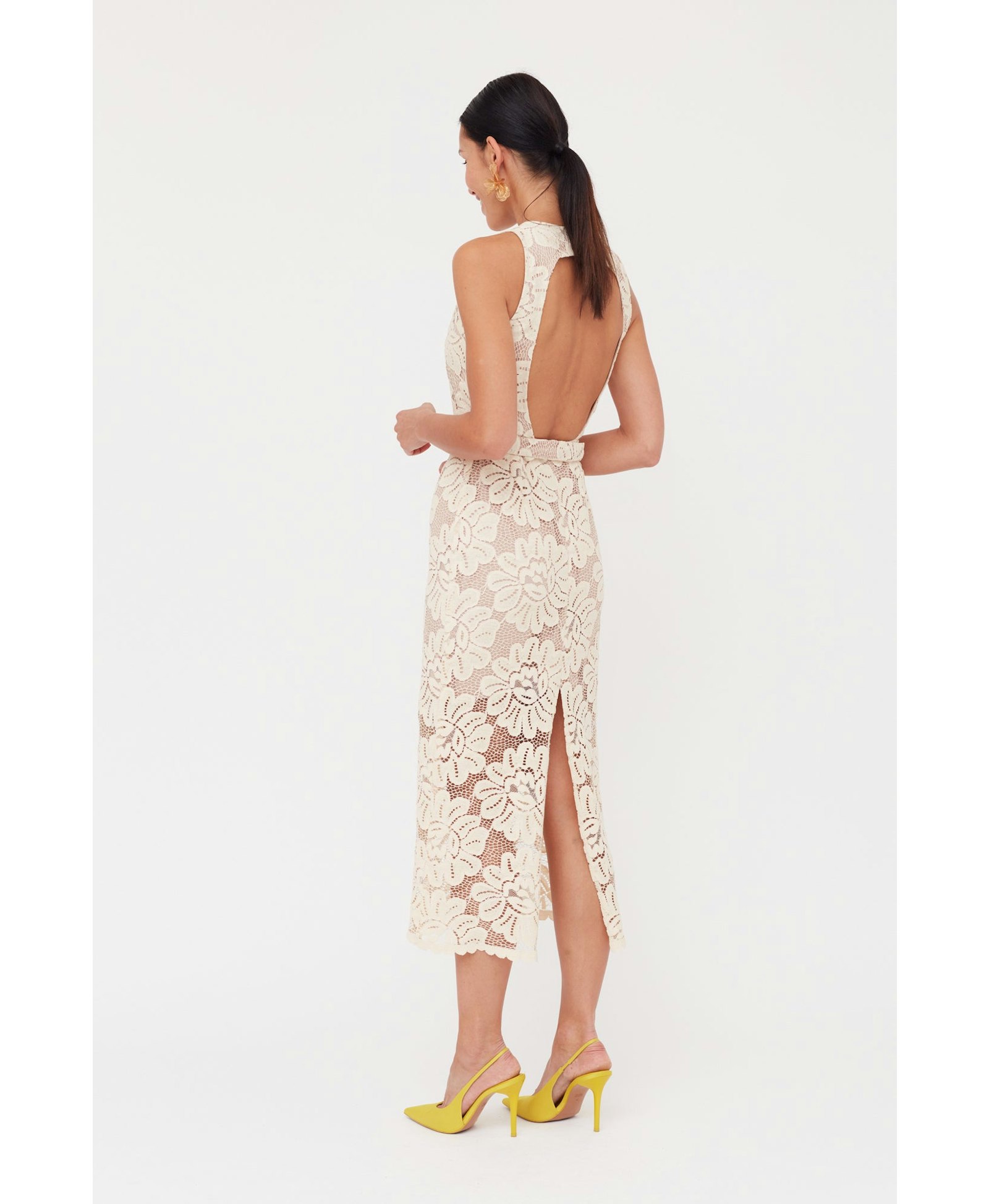 YEMA Pastel Floral Lace Cut Out Back Midi Dress made by UNDRESS