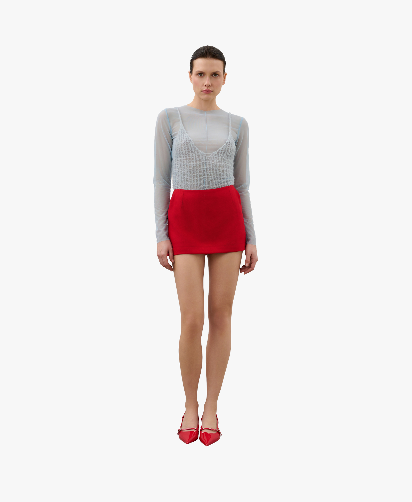 Skirt and shorts made of red wool made by Karen Arcanjo