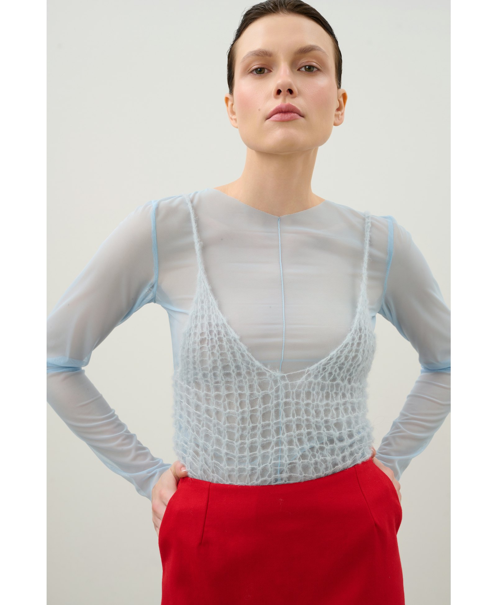 Skirt and shorts made of red wool made by Karen Arcanjo
