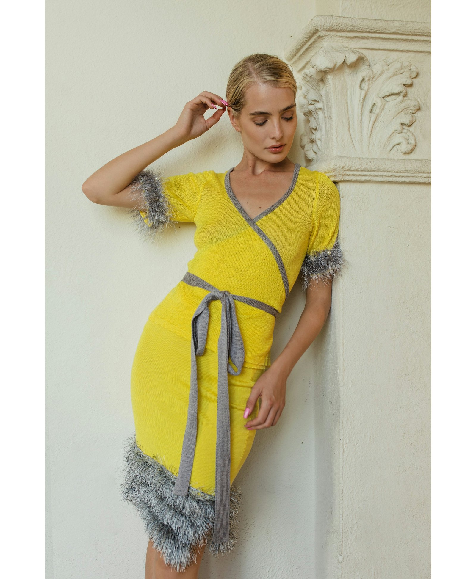 Yellow knit skirt with handmade knit details made by ANDREEVA
