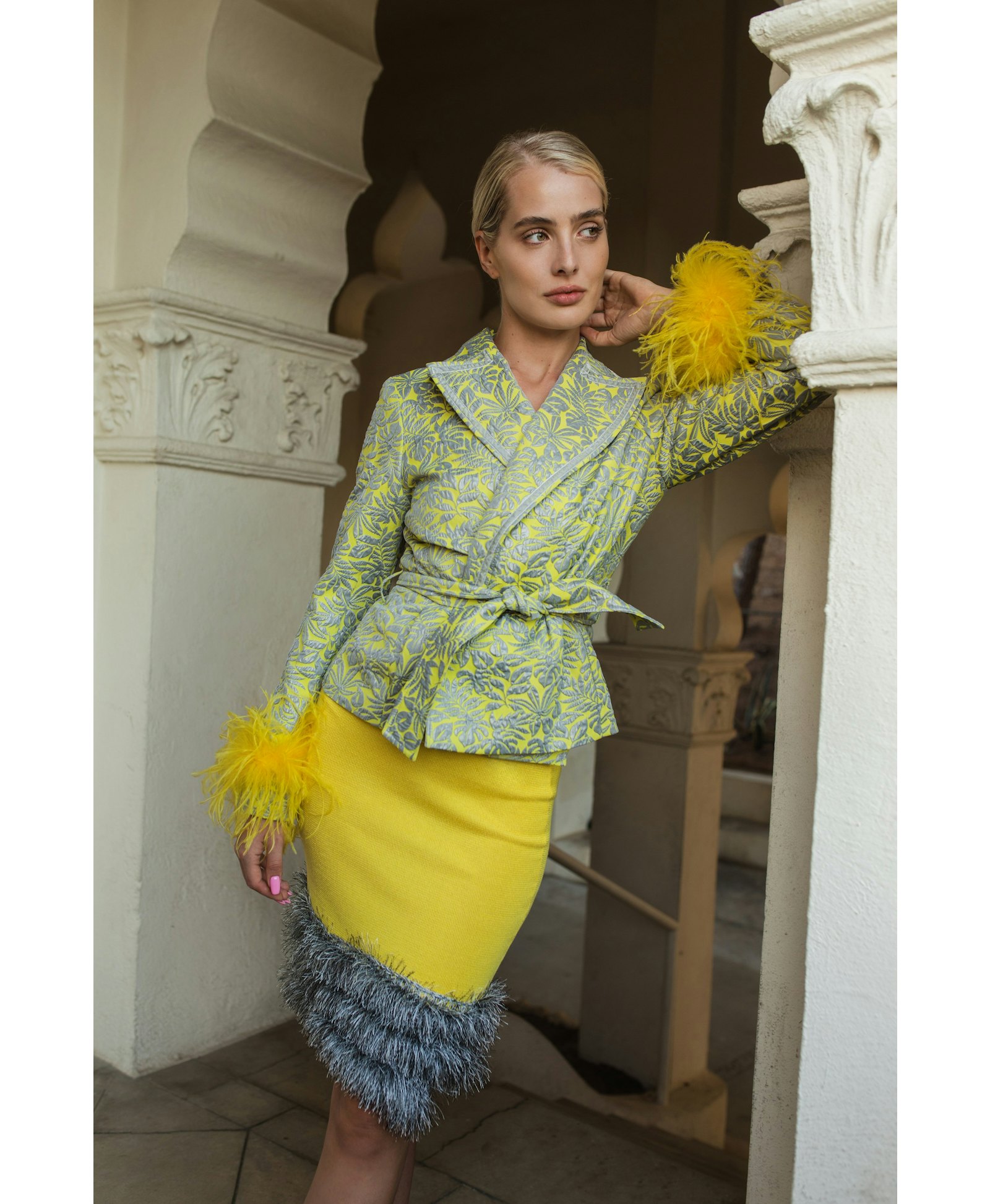Yellow knit skirt with handmade knit details made by ANDREEVA