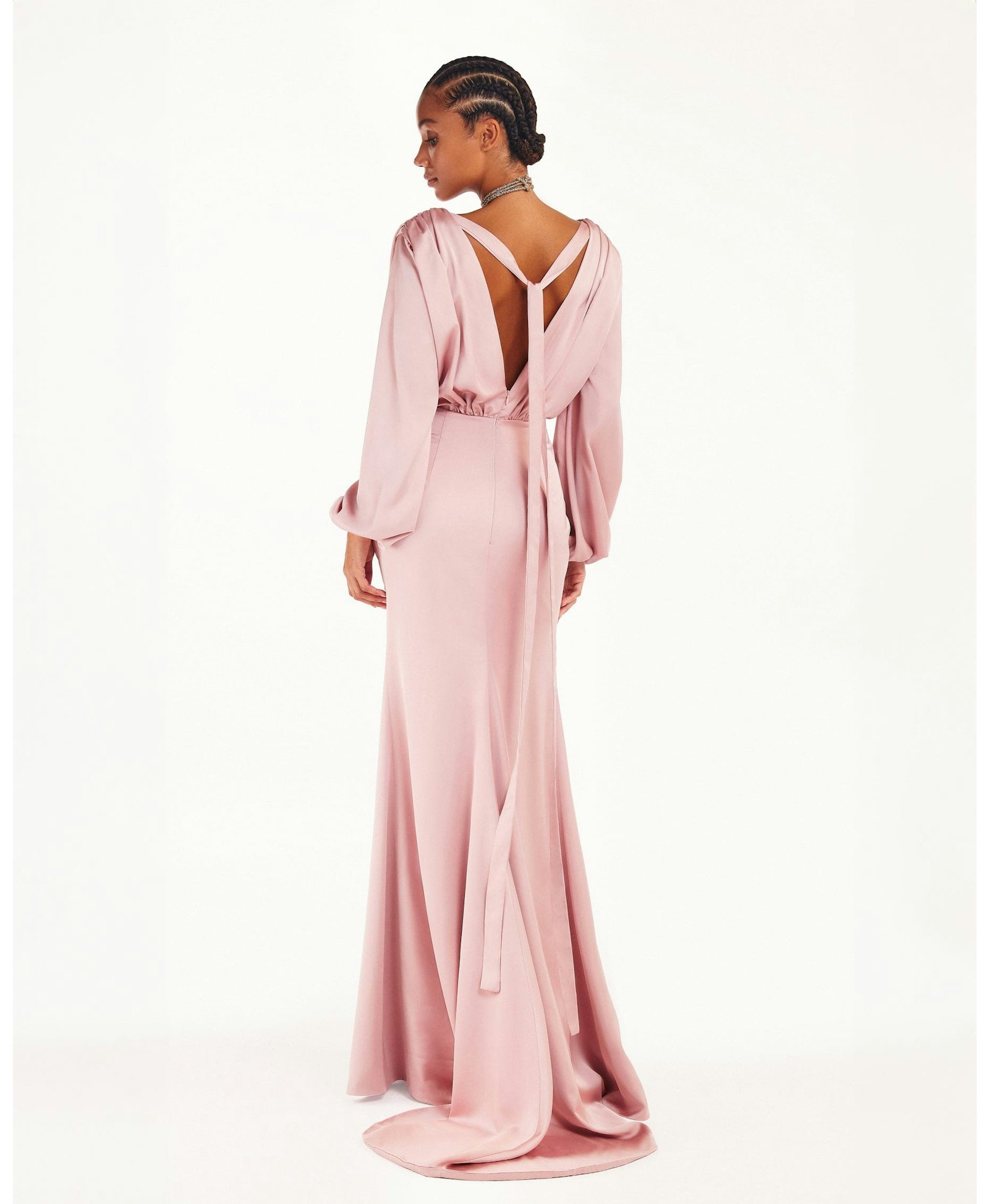 Fancy misty rose silk maxi evening dress made by Milla