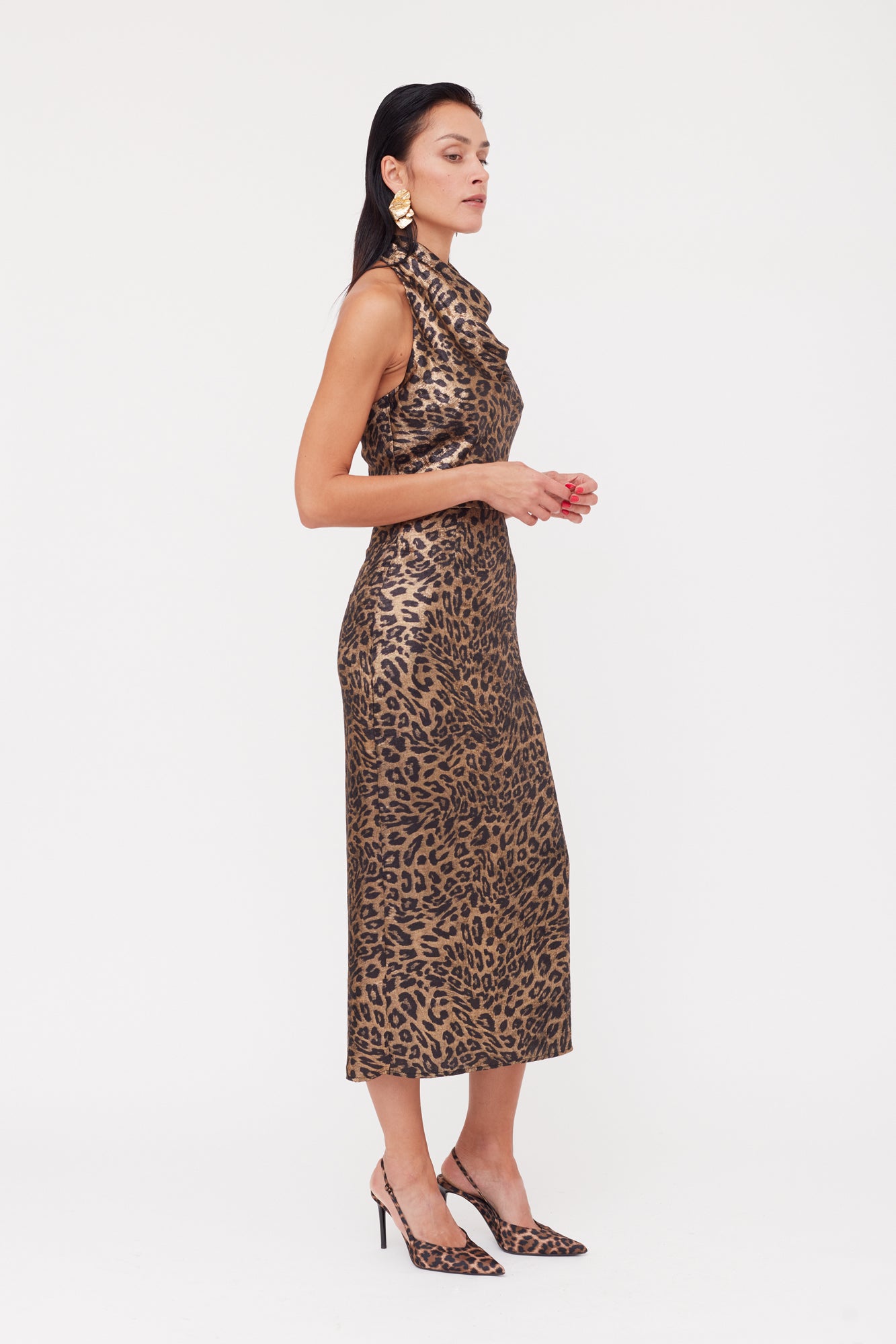 Shop Undress Lara Metallic Animal Print  Midi Cowl Neck Dress