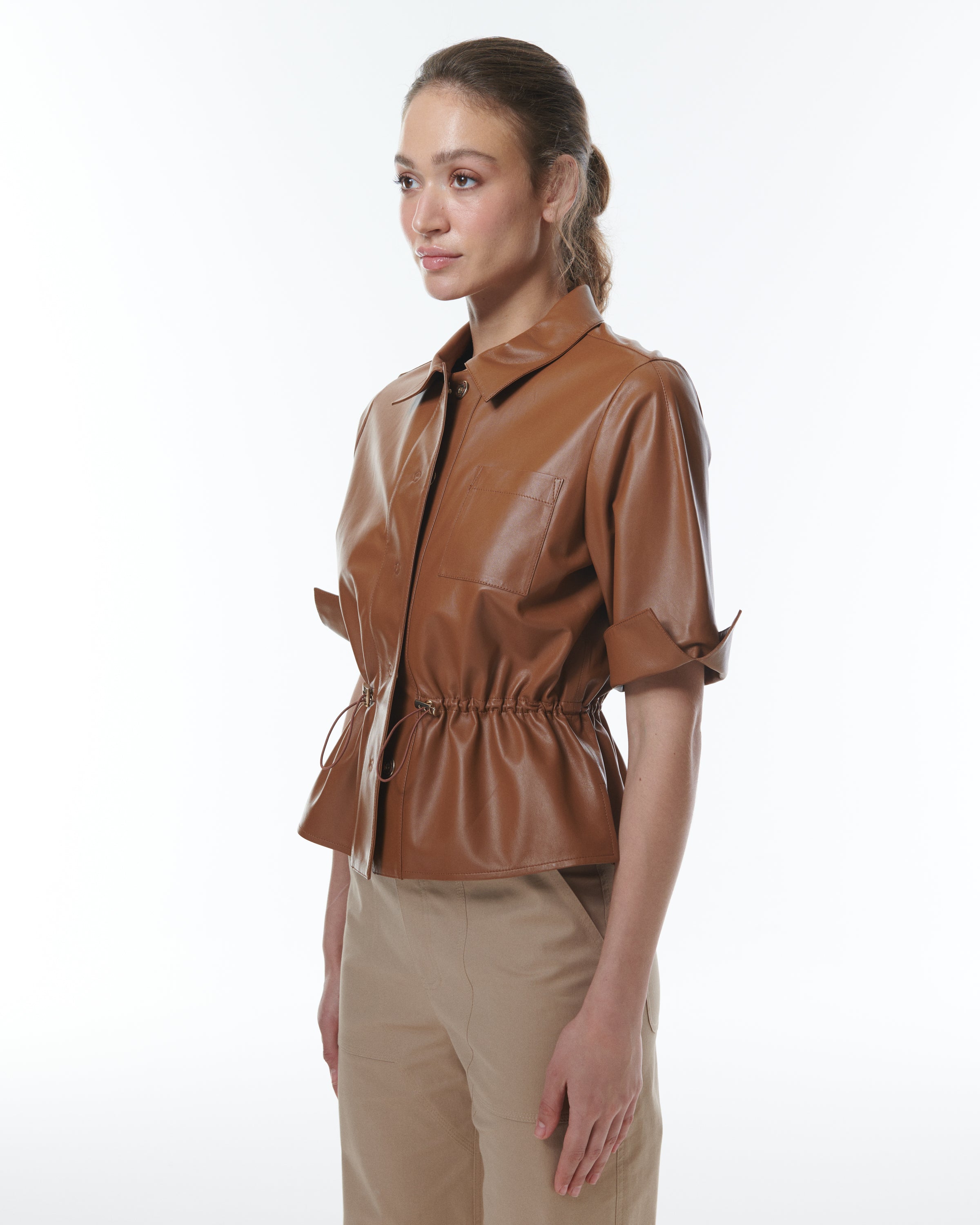 Shop Theo The Label Leto Pull Tab 3/4 Sleeve Shirt In Brown