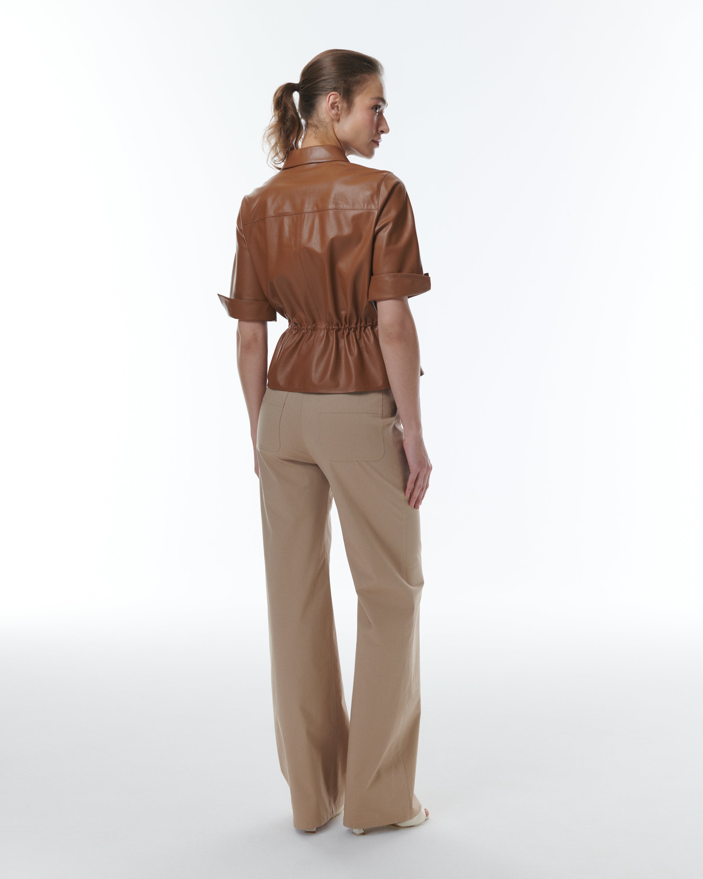 Shop Theo The Label Leto Pull Tab 3/4 Sleeve Shirt In Brown