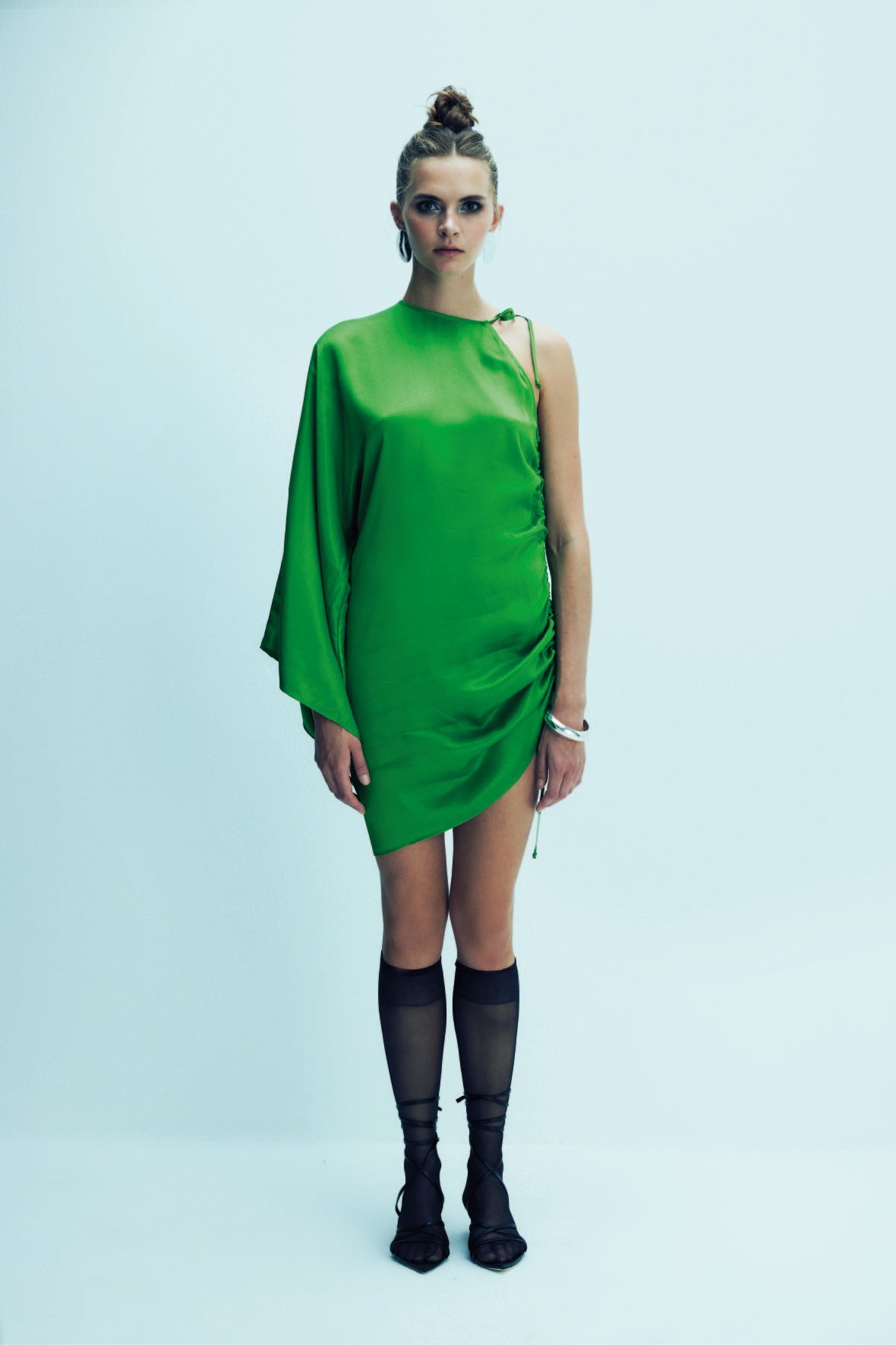 Shop Nazli Ceren Rocha Asymmetric Mini Satin Dress In Jolly Green