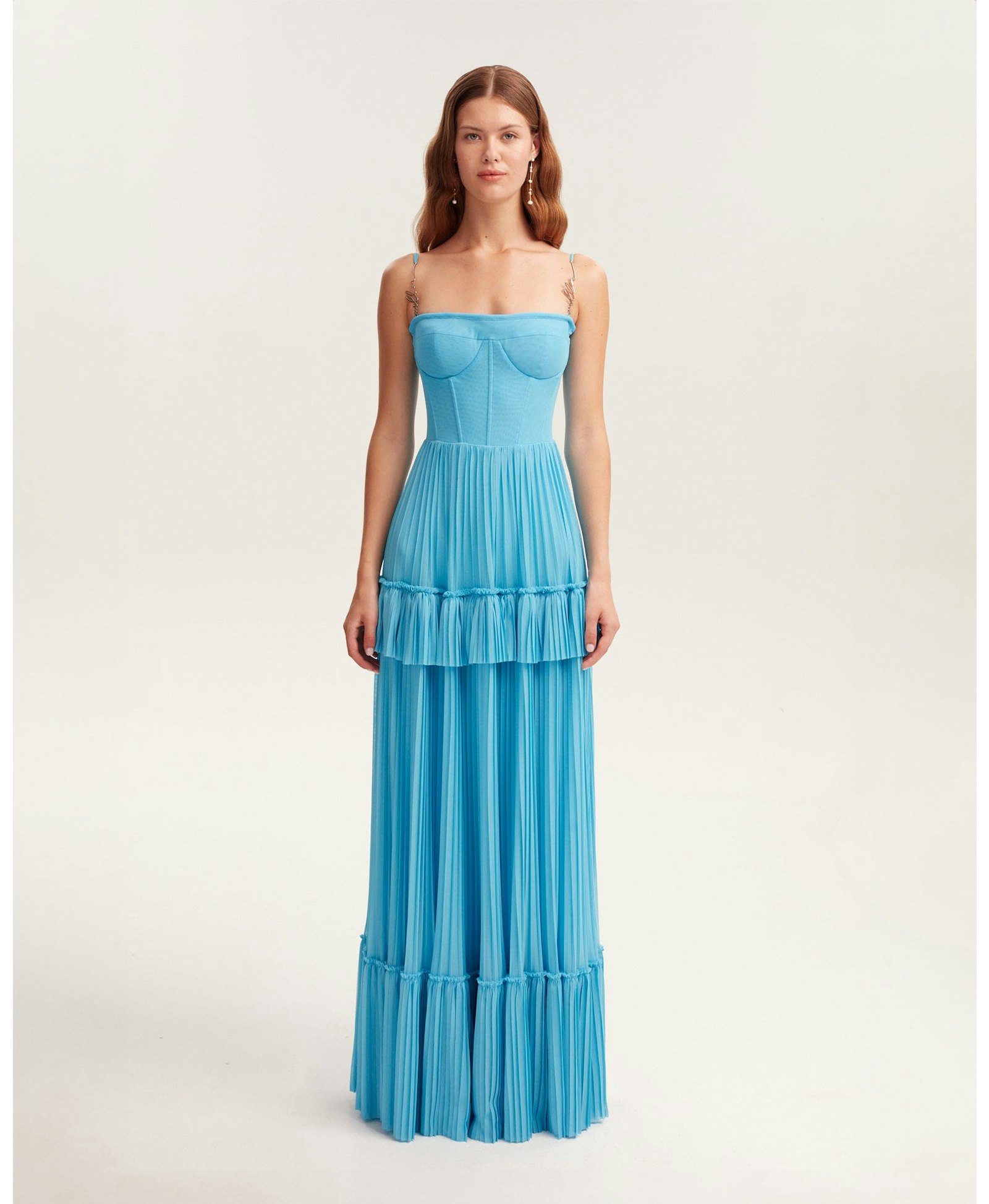 Sky-blue spaghetti strap pleated maxi dress, Garden of Eden made by Milla