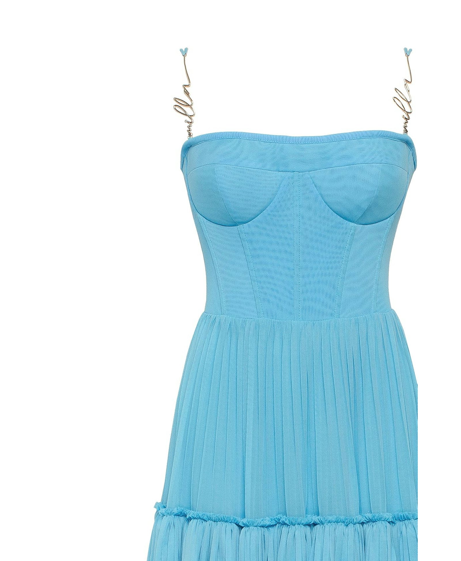 Sky-blue spaghetti strap pleated maxi dress, Garden of Eden made by Milla