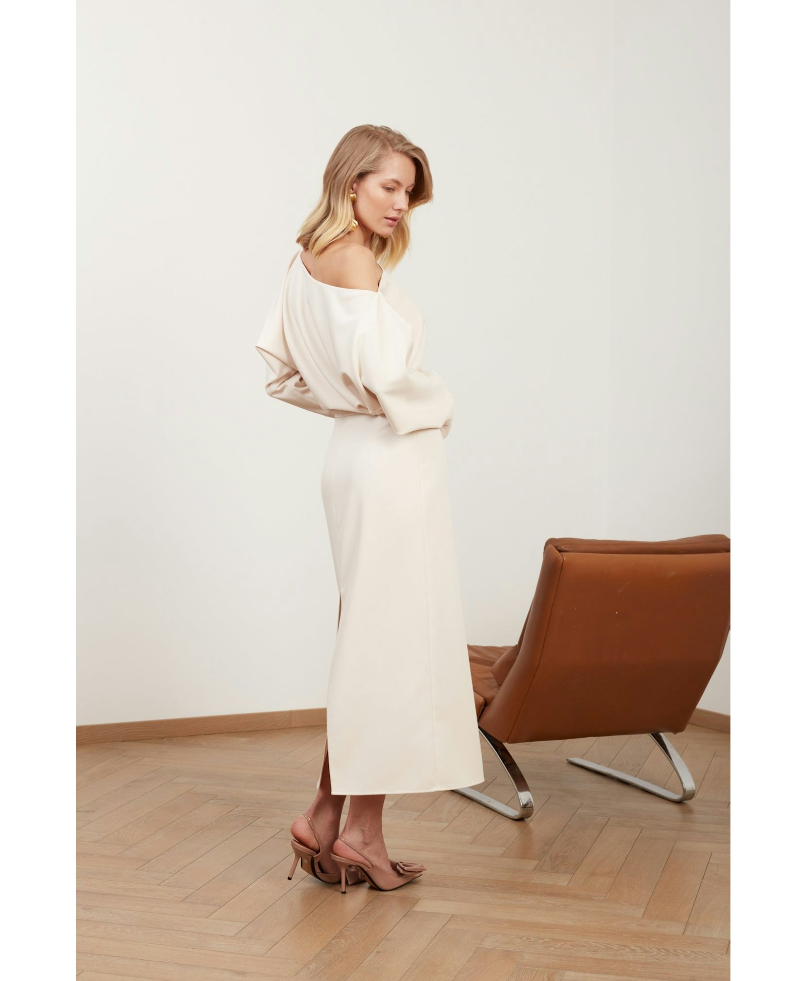 AGALIA cream off-the-shoulder midi dress made by UNDRESS