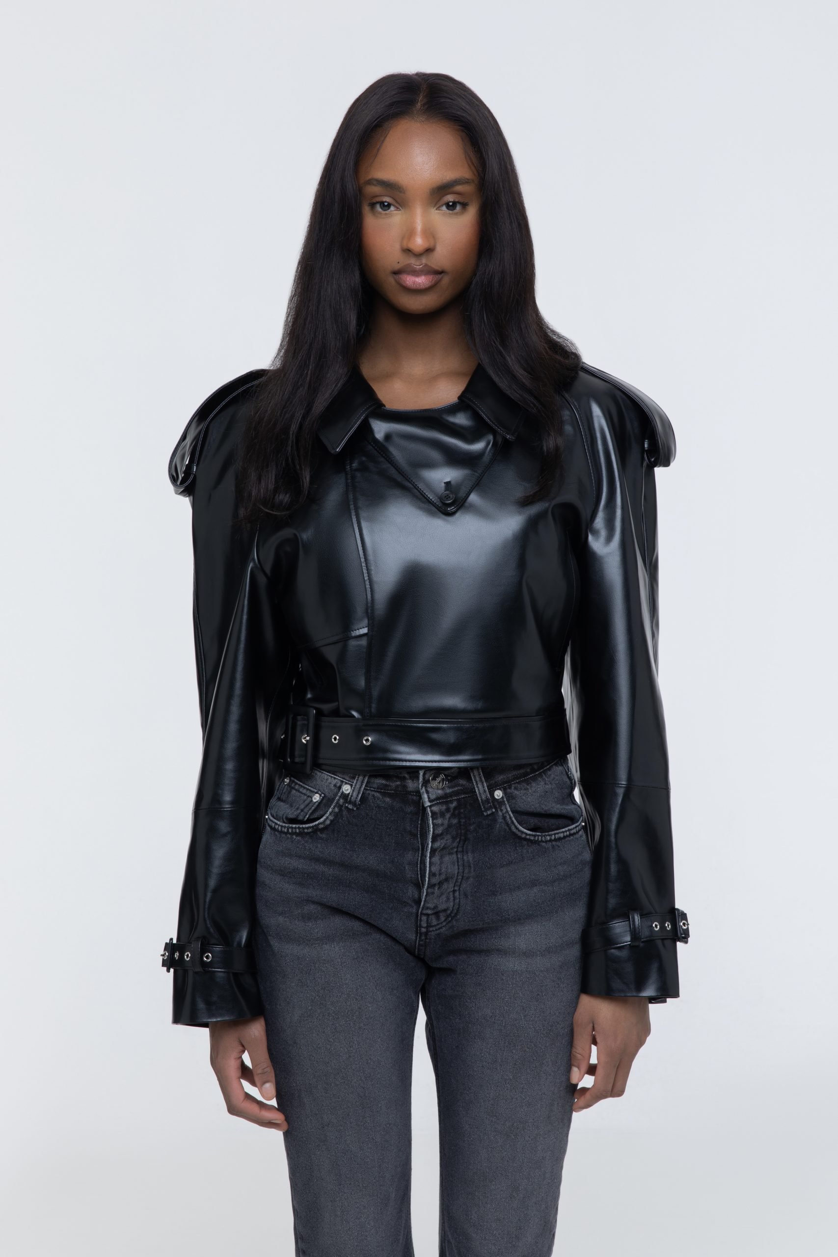 Shop Afterhours Cropped Trench Leather Jacket In Grey