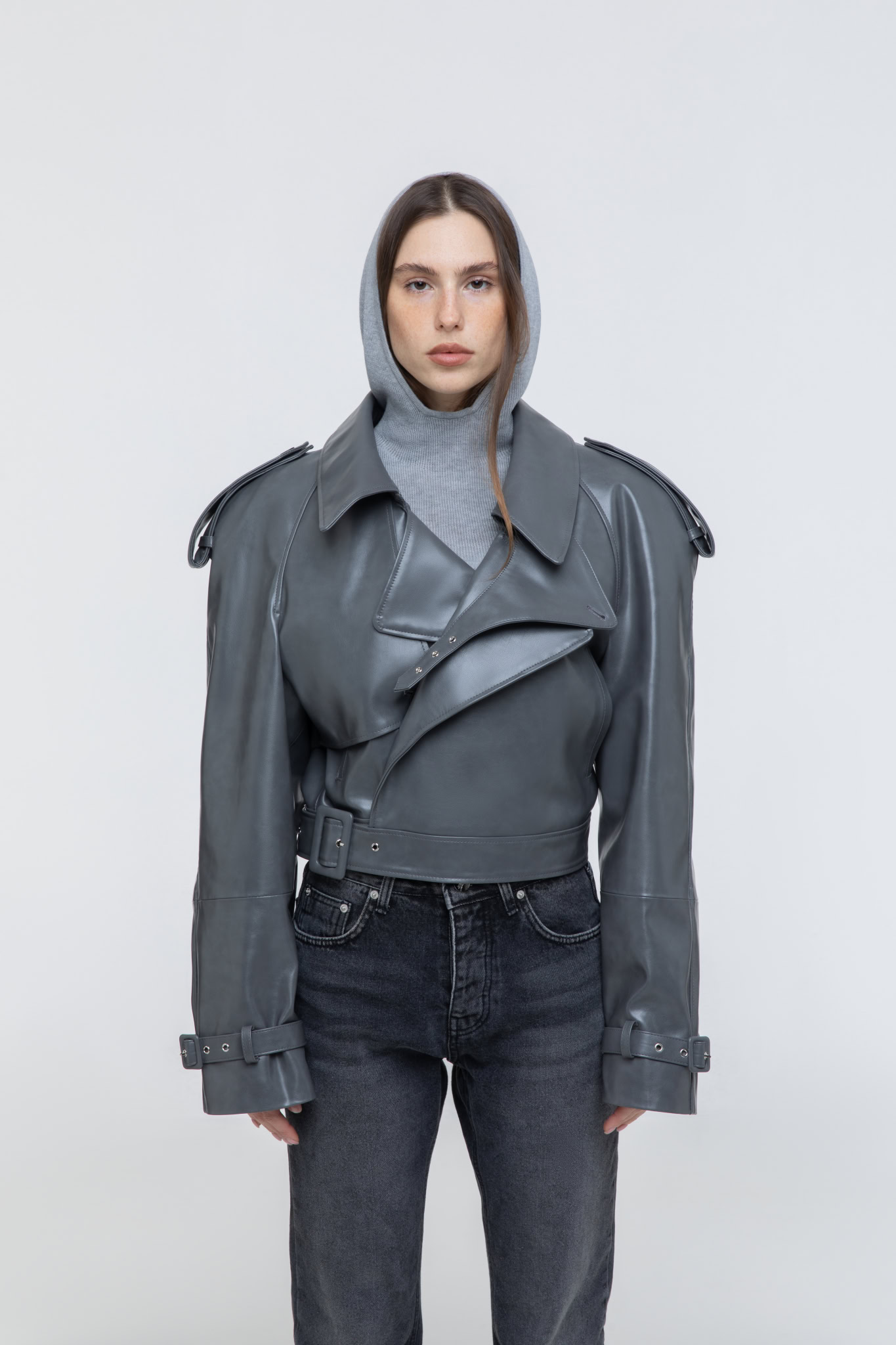 Shop Afterhours Cropped Trench Leather Jacket In Grey