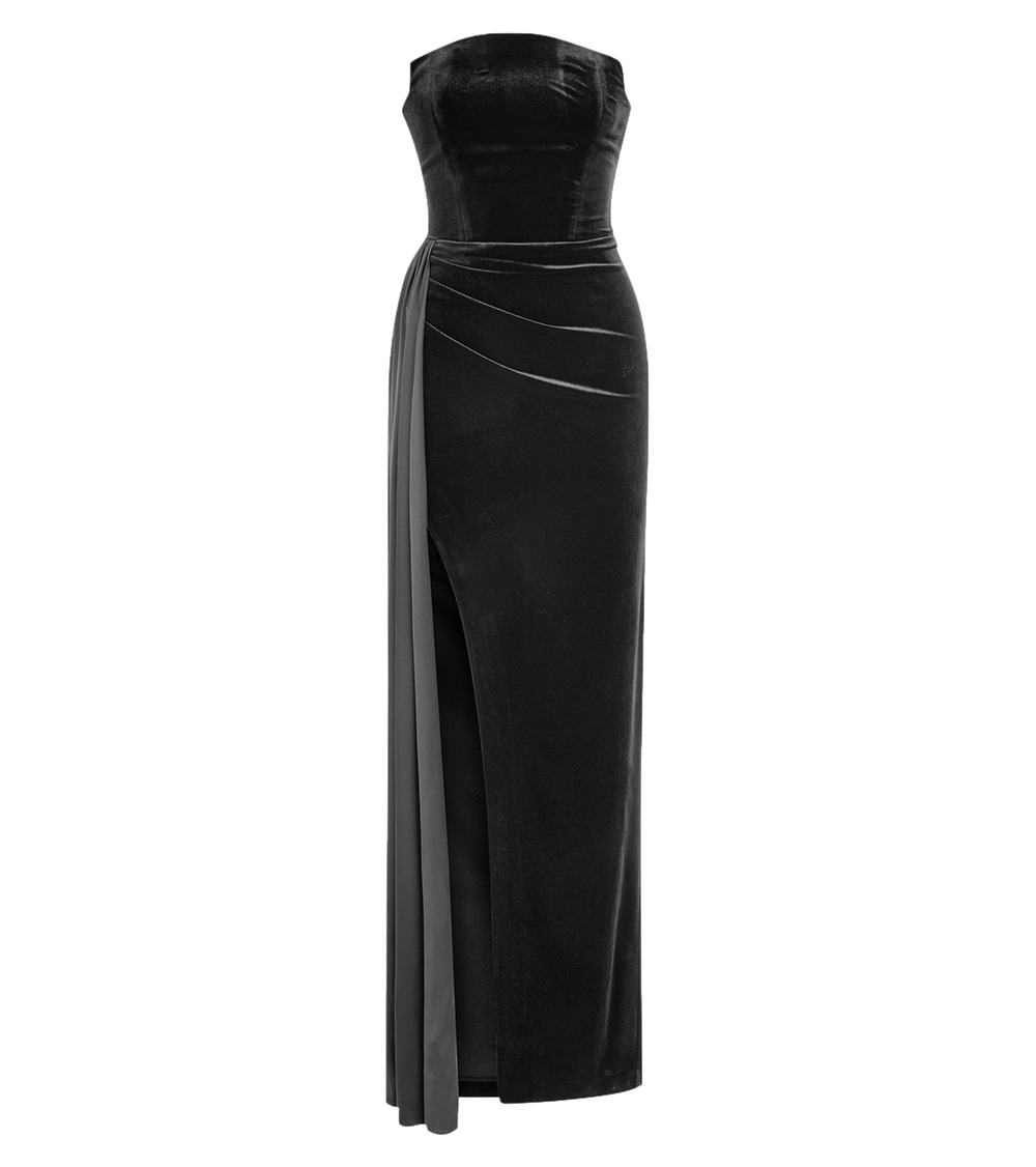 Sudietuz Strapless Velvet Dress With Deep Slit