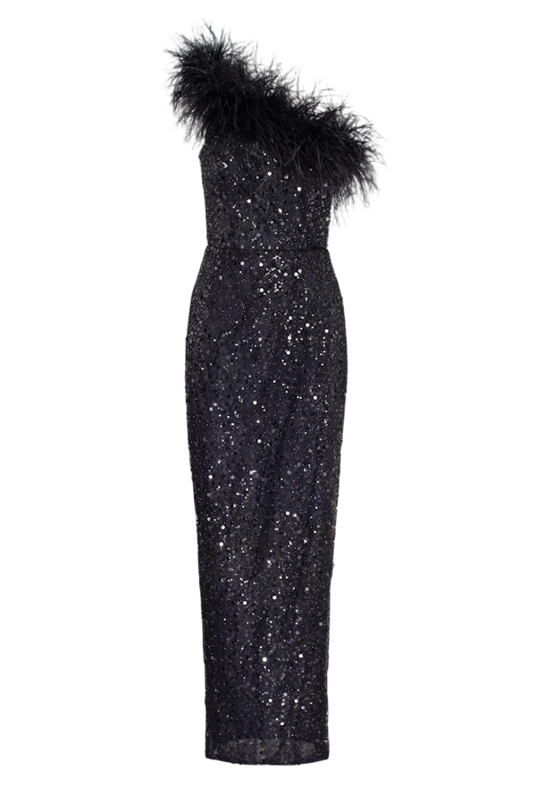 Millà Striking One-shoulder Maxi Dress With Feathers And Sequins In Black