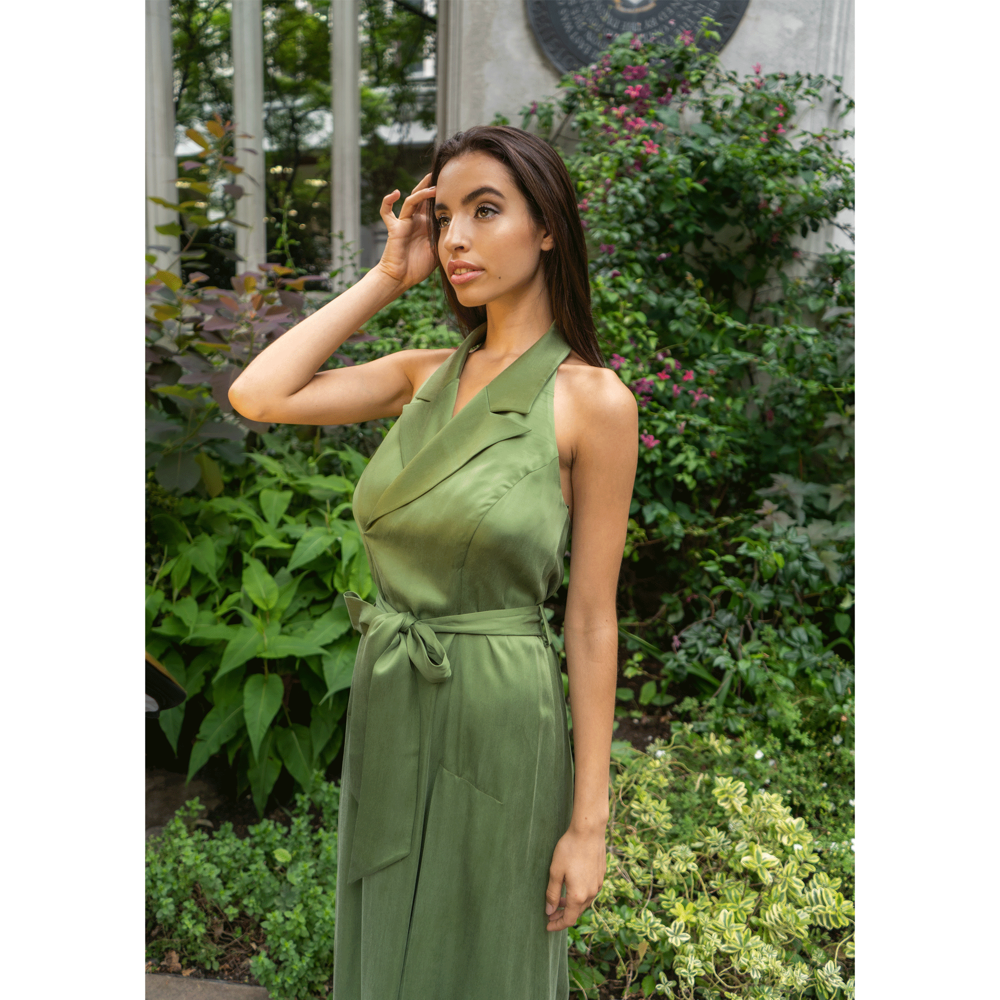 Shop Halter Neck Midi Tuxedo Dress (Avocado Green) from Femponiq at Seezona  | Seezona