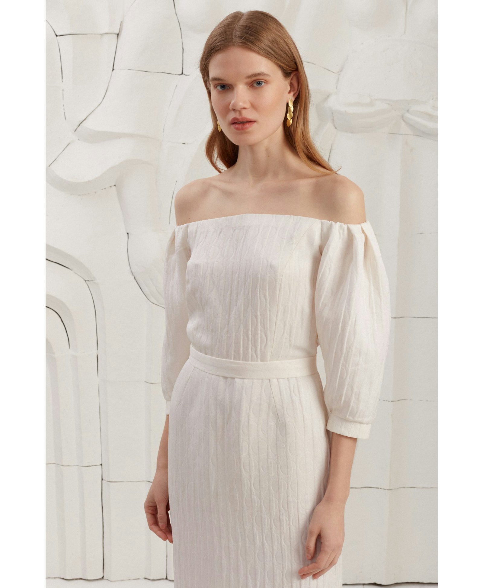 LIVA white textured silk open shoulder midi dress made by UNDRESS