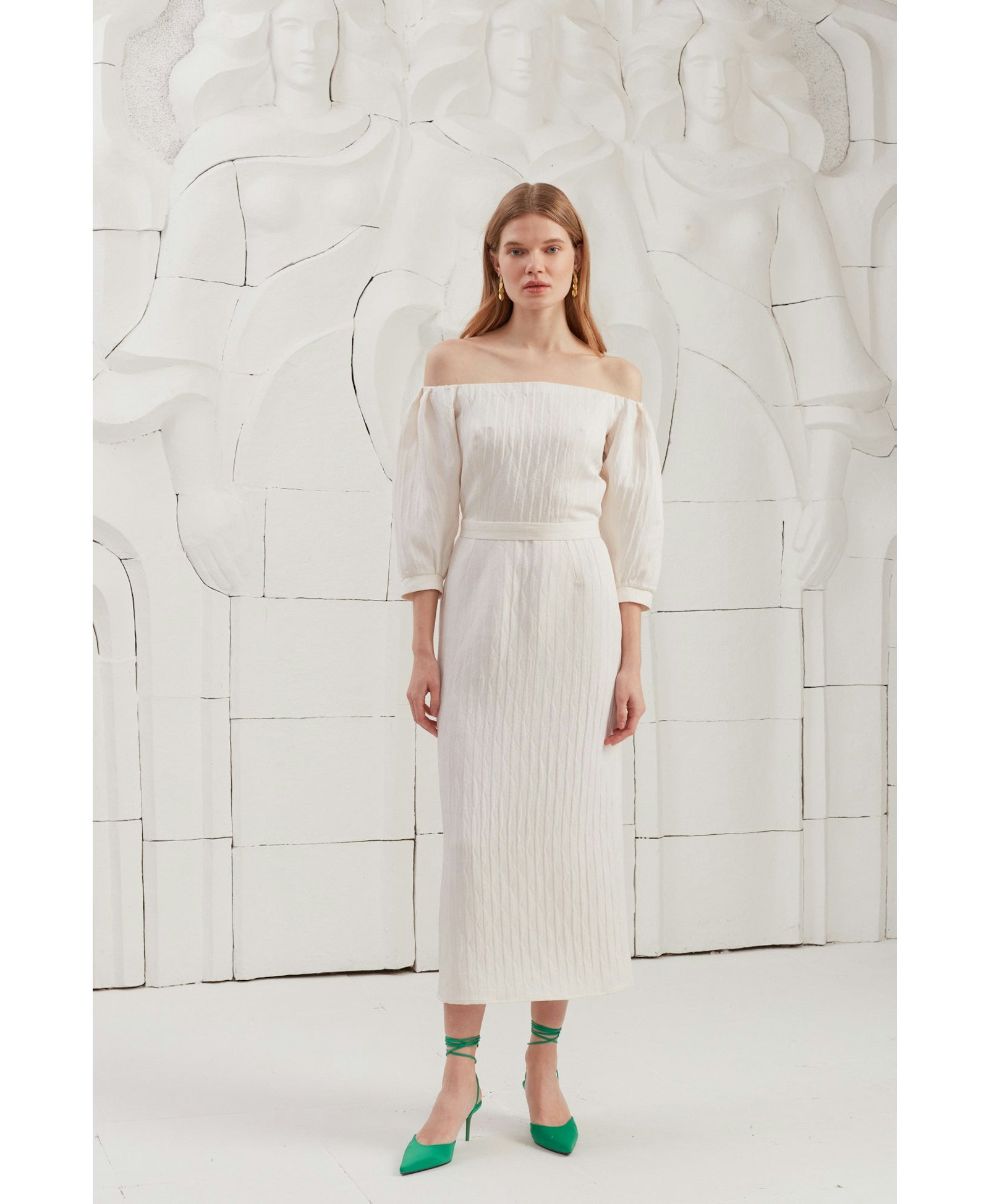 LIVA white textured silk open shoulder midi dress made by UNDRESS
