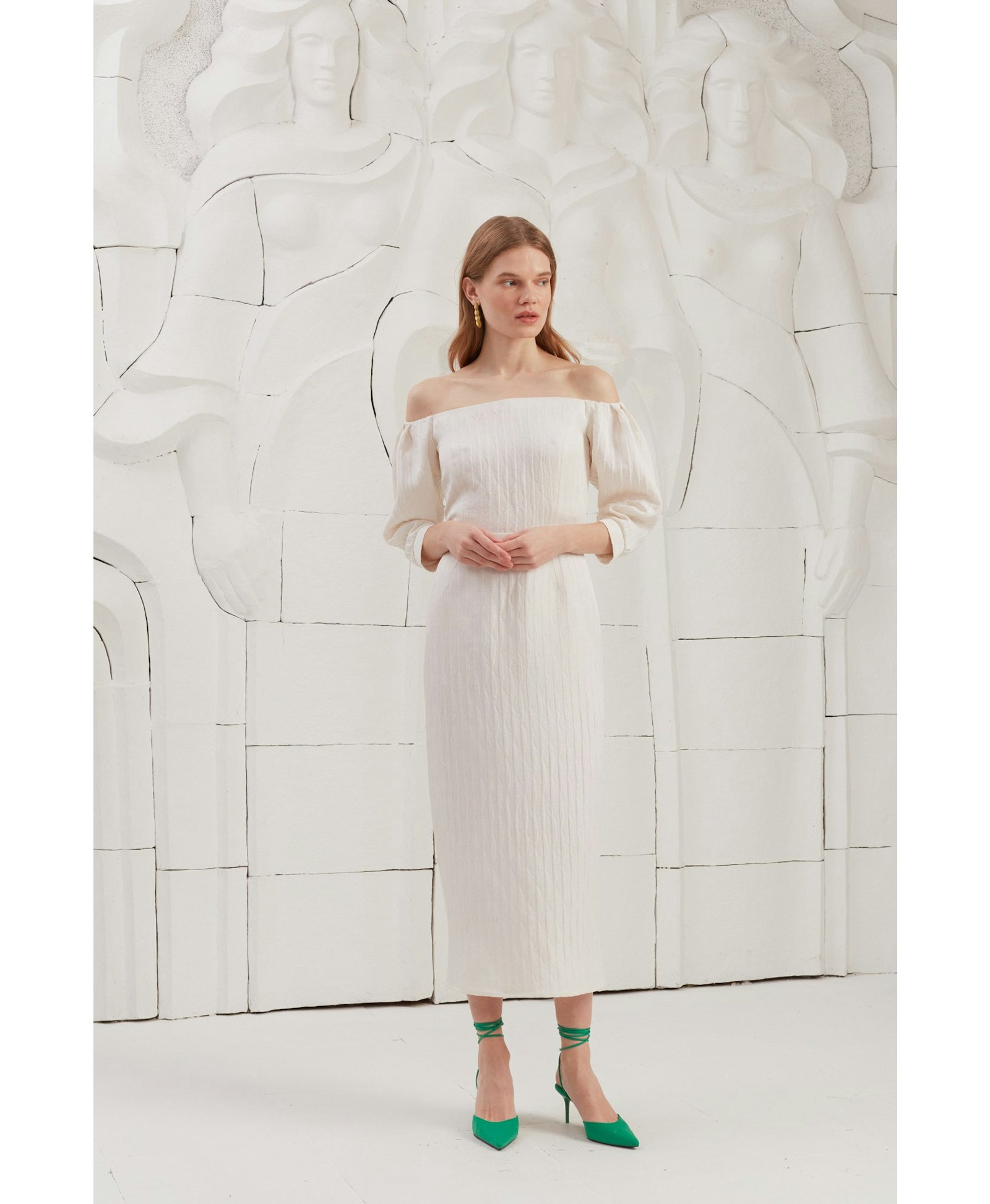 LIVA white textured silk open shoulder midi dress made by UNDRESS