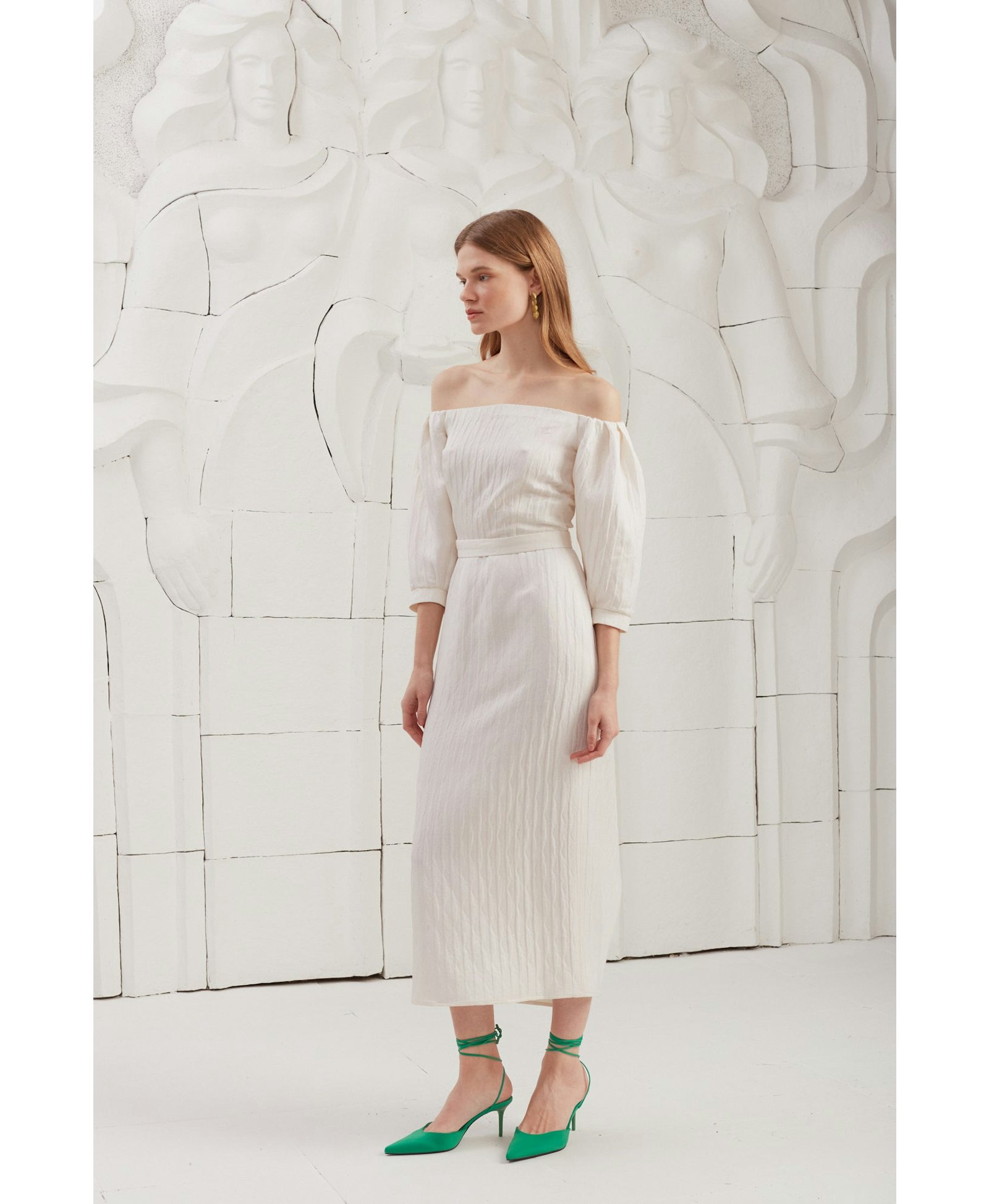LIVA white textured silk open shoulder midi dress made by UNDRESS