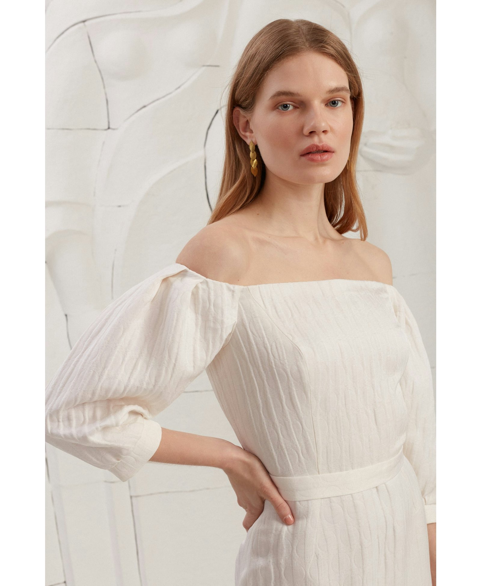 LIVA white textured silk open shoulder midi dress made by UNDRESS