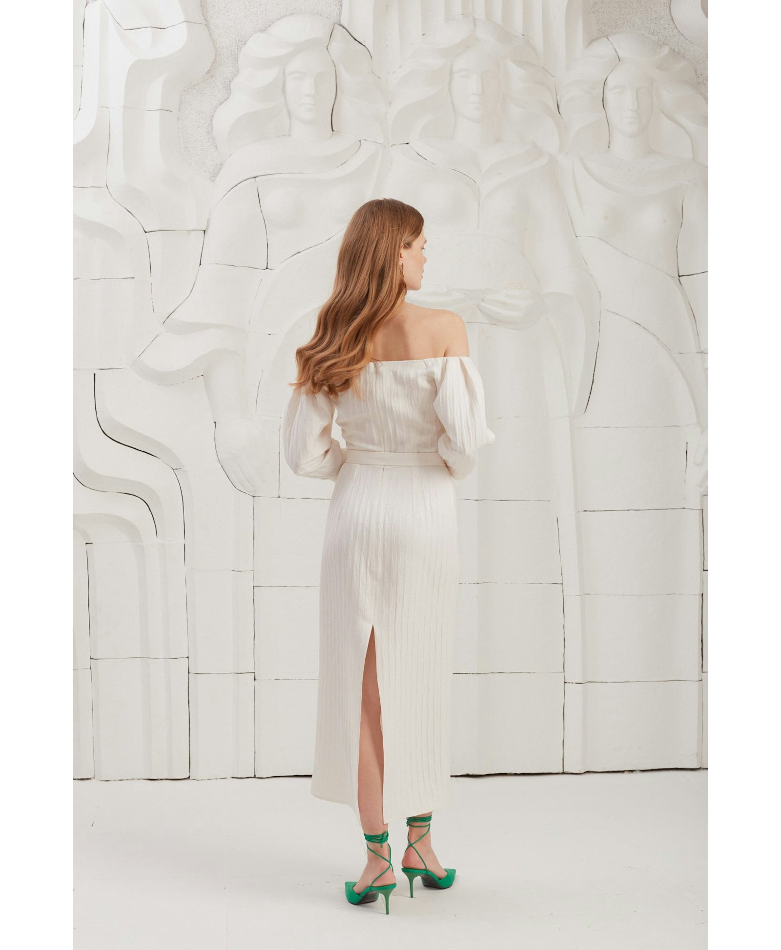 LIVA white textured silk open shoulder midi dress made by UNDRESS