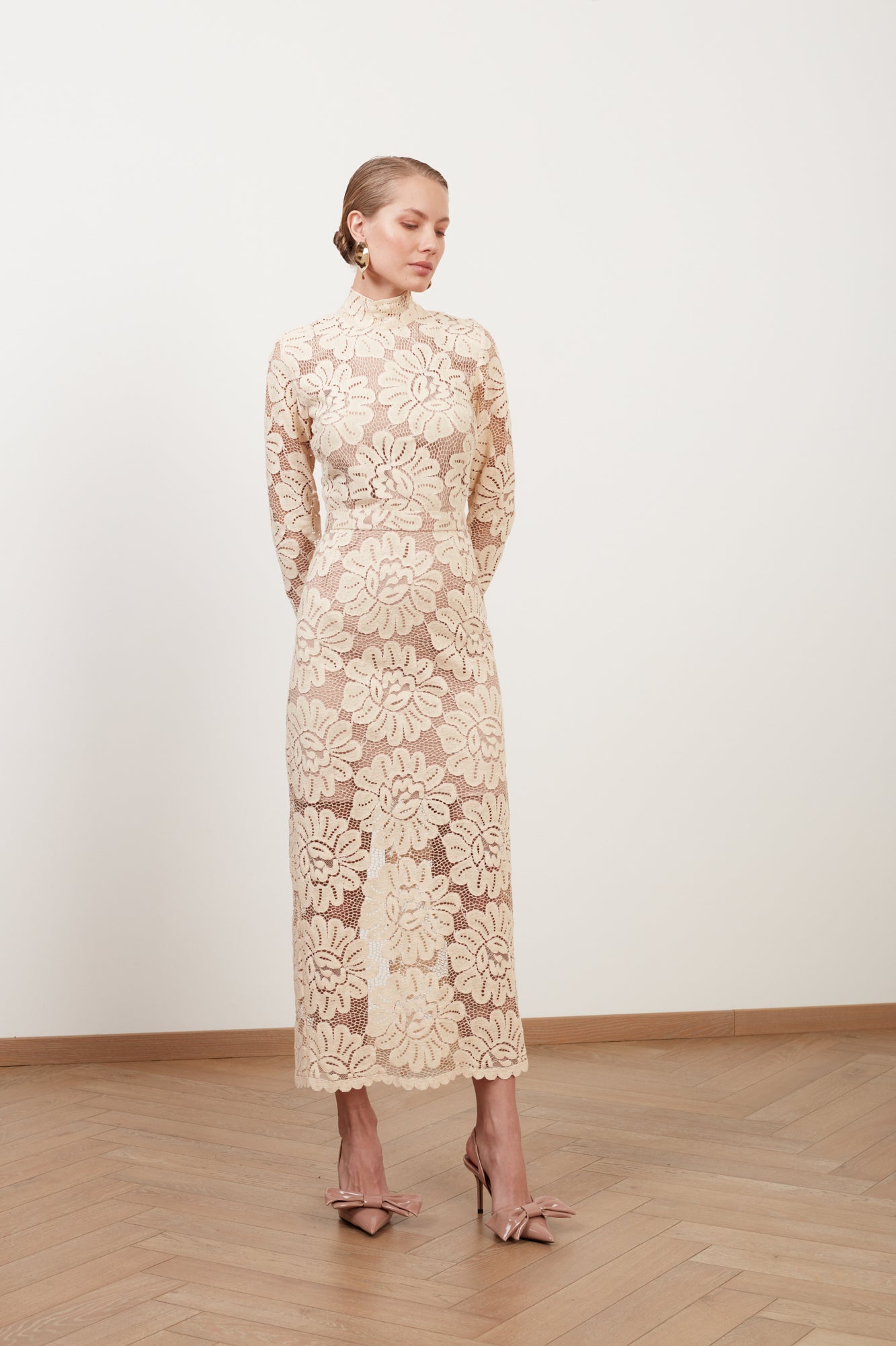 Shop Undress Elena Cream Floral Lace Midi Dress With Turtleneck