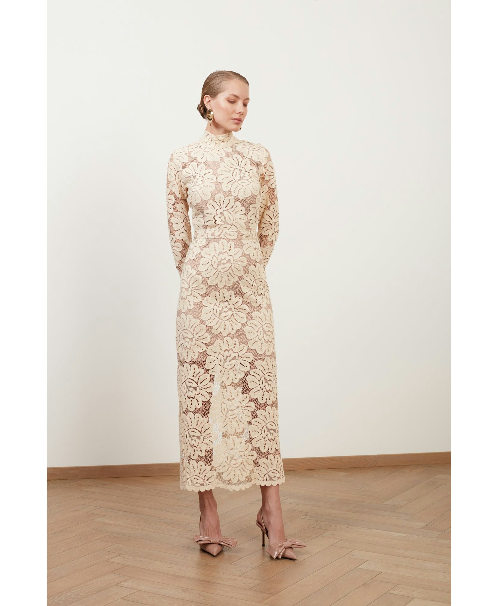 ELENA cream floral lace midi dress with turtleneck made by UNDRESS